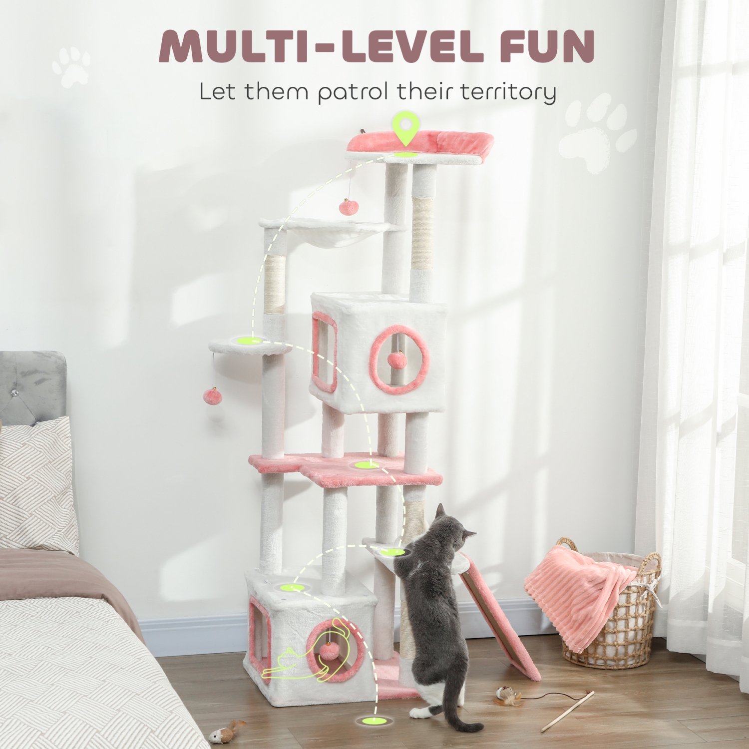 PawHut Cat Tree for Indoor Large Adult Cats, 65 Inch Kitty Tower Multi-Level with 2 Doors Condos, Plush Top Perch, Hammock, Sisal Scratching Posts, 4