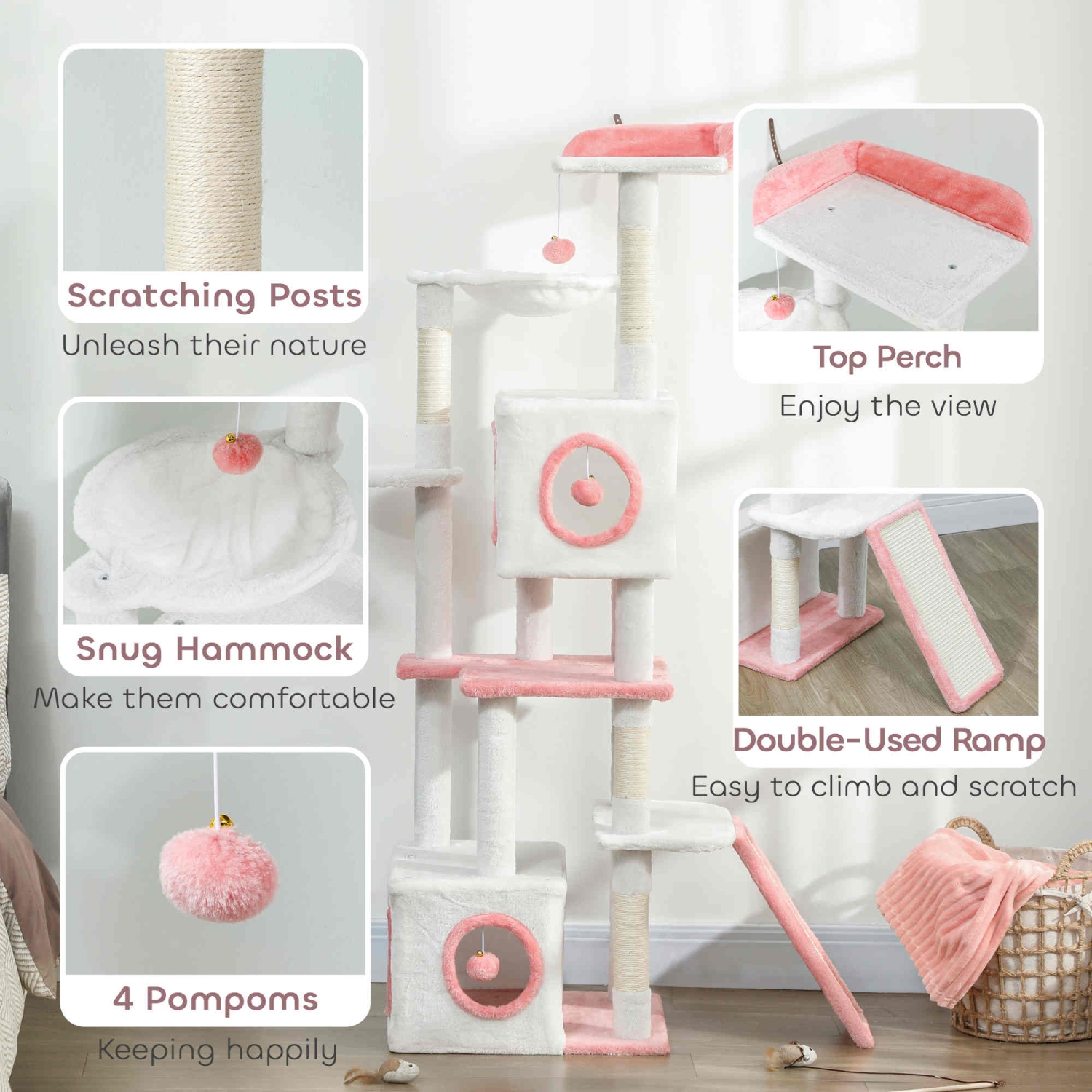 PawHut Cat Tree for Indoor Large Adult Cats, 65 Inch Kitty Tower Multi-Level with 2 Doors Condos, Plush Top Perch, Hammock, Sisal Scratching Posts, 4