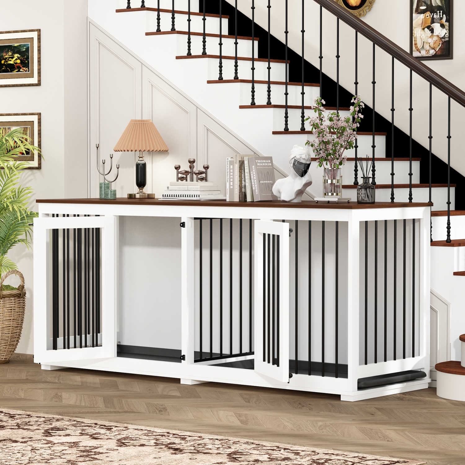 Famapy Large Double-Door Dog Crate Cabinet with Spacious Compartments White