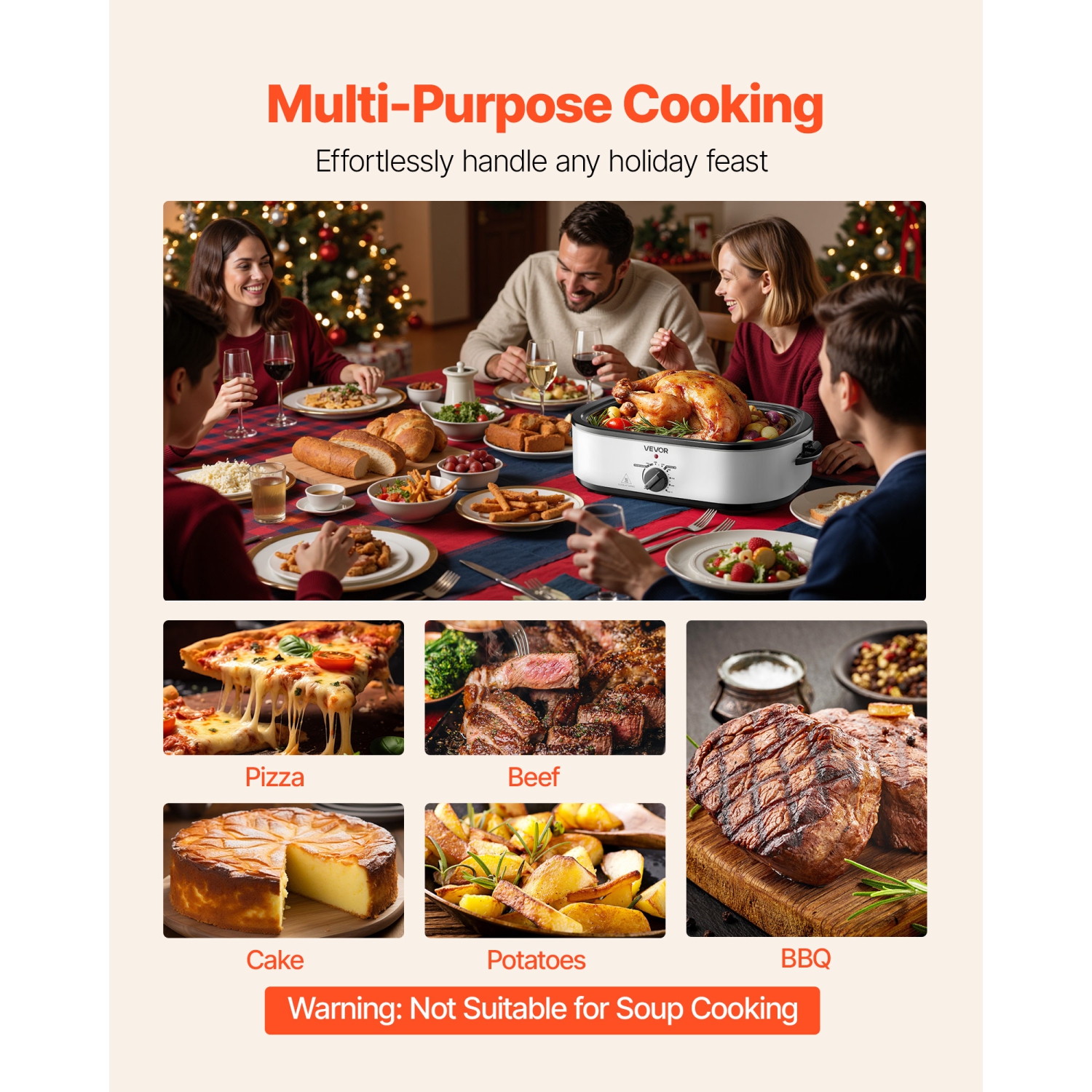 VEVOR Roaster Oven, 18QT Electric Roaster Oven, 150-450℉ Adjustable Temperature, Multifunctional Electric Roasters Oven with Self-Basting Lid,