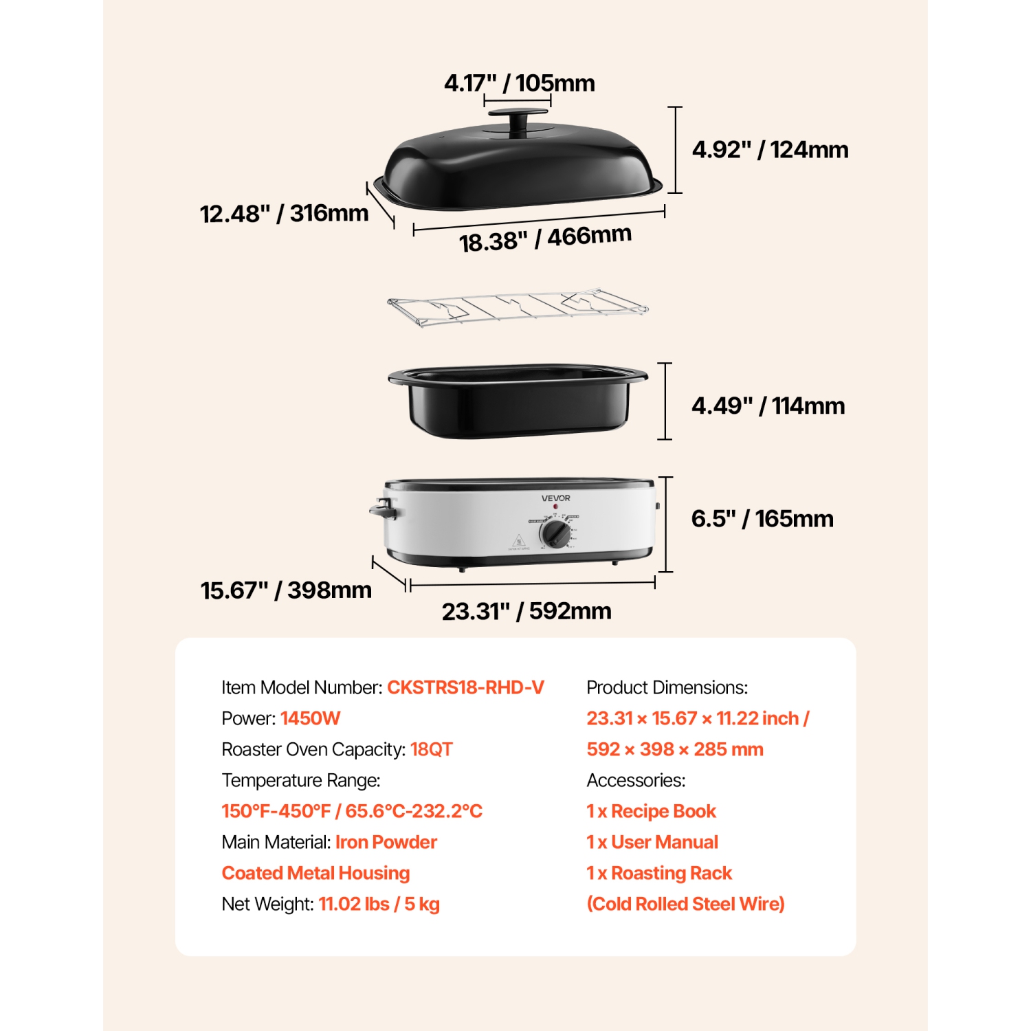 VEVOR Roaster Oven, 18QT Electric Roaster Oven, 150-450℉ Adjustable Temperature, Multifunctional Electric Roasters Oven with Self-Basting Lid,