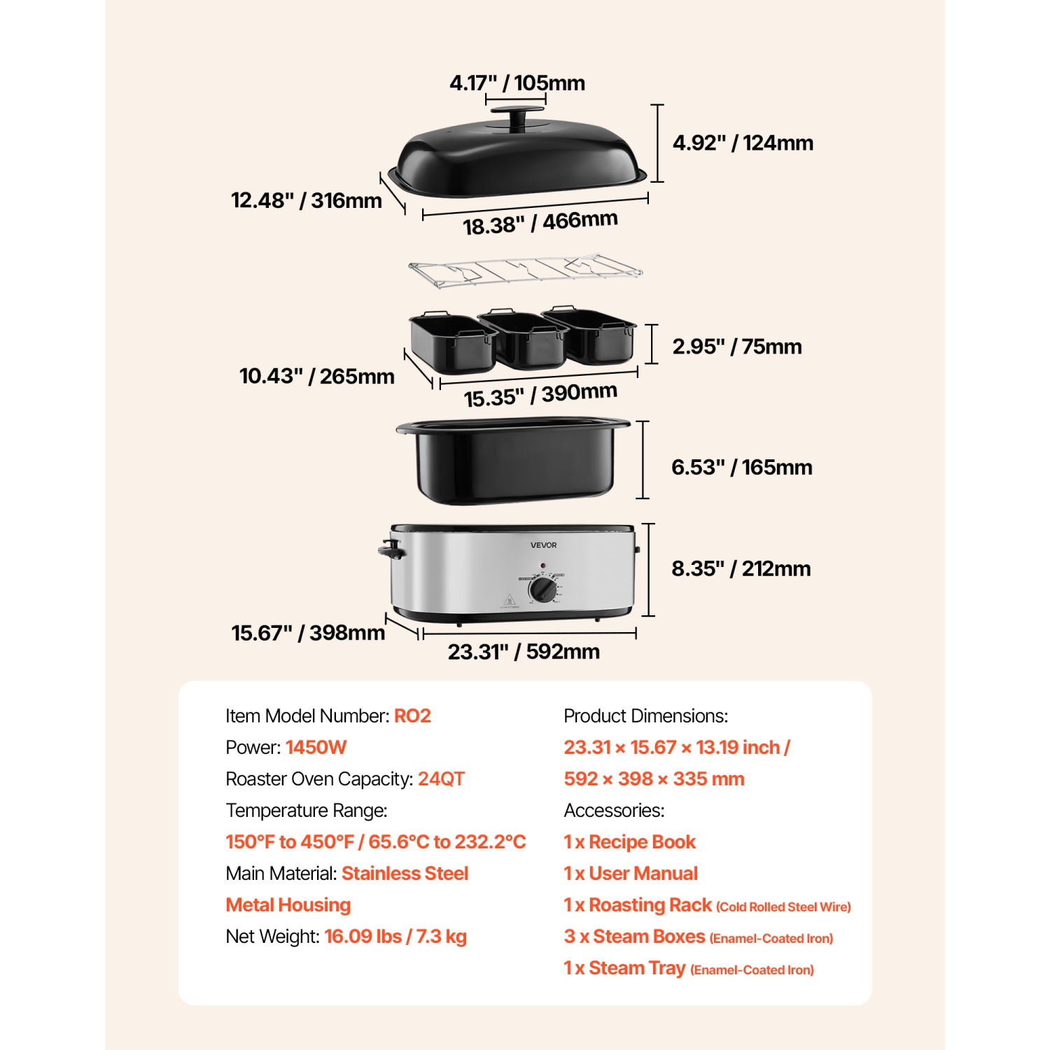 Rôtissoire VEVOR, rôtissoire électrique pour dinde de 24 pte, température réglable 150-450avec 3 bacs, couvercle d'auto-arrosage, fonction de