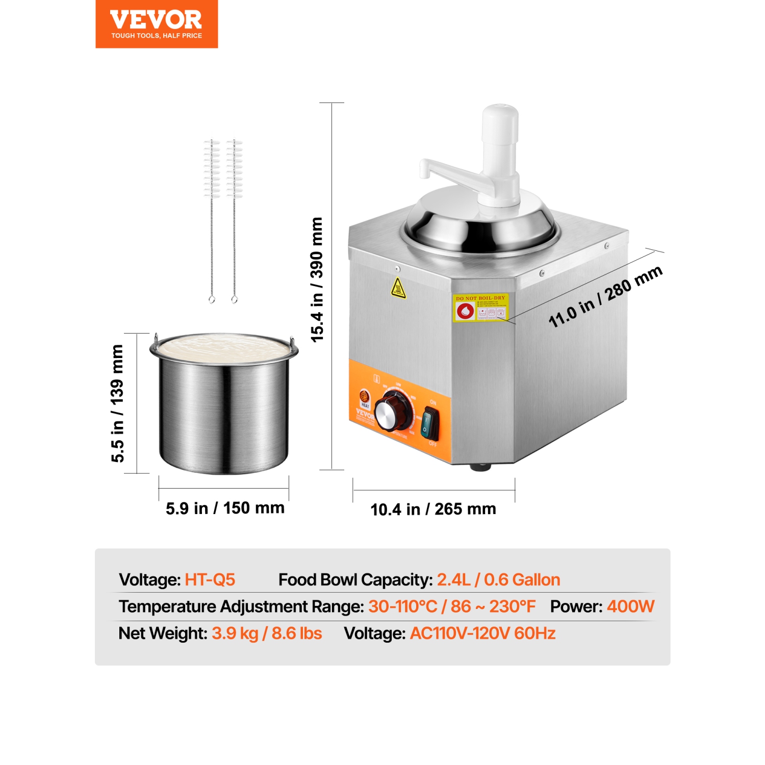 VEVOR 2.4L Electric Cheese Dispenser with Pump,Commercial Hot Fudge Warmer, Plastic Pump Dispenser, 86-230℉ Temp Adjustable Nacho Cheese Sauce