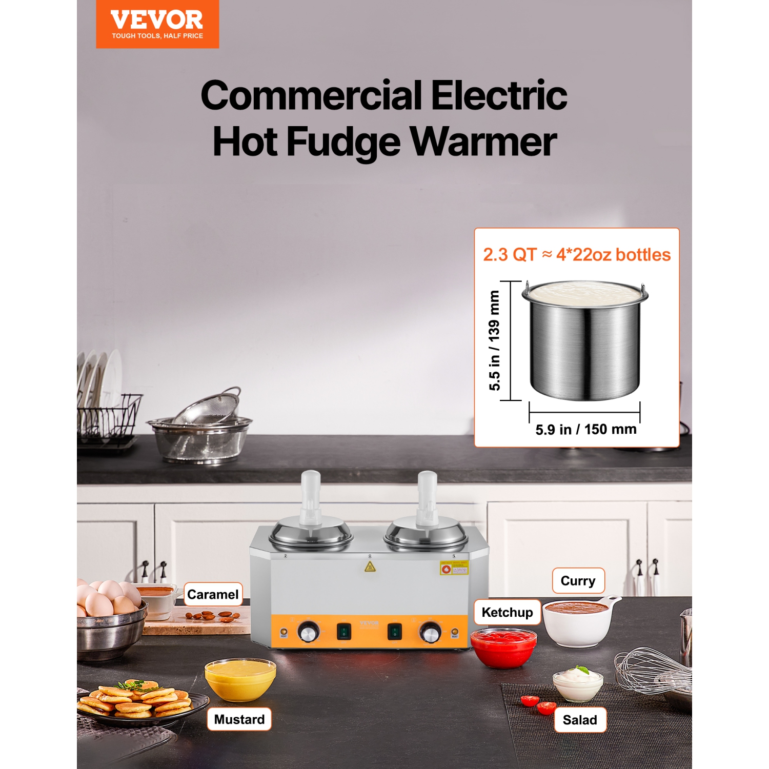 VEVOR 2.4x2 L 86-230℉ Electric Cheese Dispenser with Pumps, Commercial Hot Fudge Warmer,Plastic Double Pumps Dispenser,Temp Adjustable Nacho Cheese