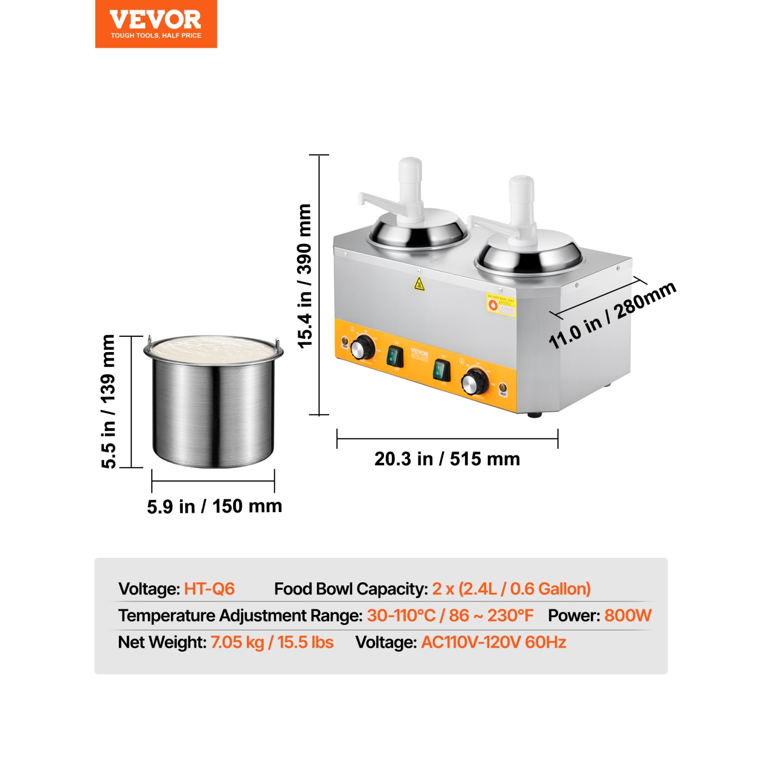 VEVOR 2.4x2 L 86-230℉ Electric Cheese Dispenser with Pumps, Commercial Hot Fudge Warmer,Plastic Double Pumps Dispenser,Temp Adjustable Nacho Cheese