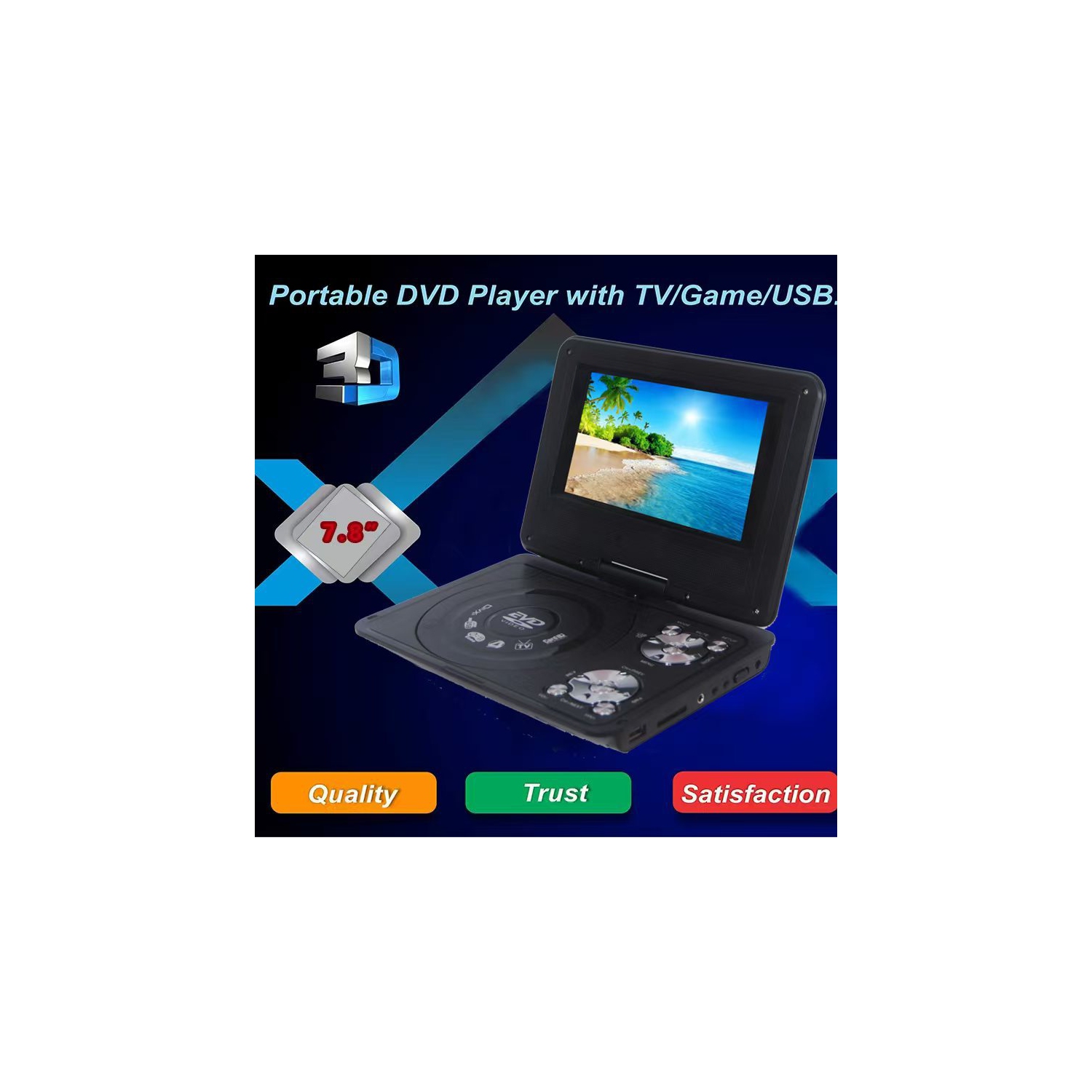 Lecteur DVD portatif de 7,8 po, lecteur EVD portatif pour la maison et l'auto, lecteur DVD multifonctionnel Sync TV, prise en charge carte