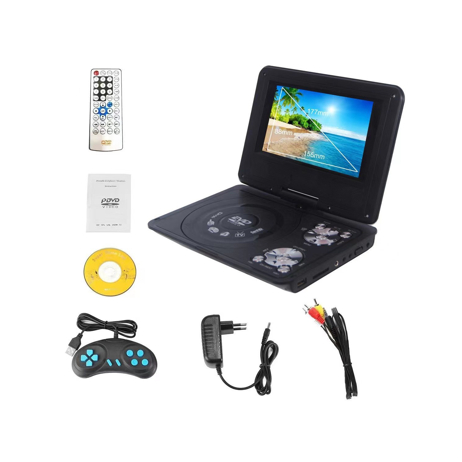 Lecteur DVD portatif de 7,8 po, lecteur EVD portatif pour la maison et l'auto, lecteur DVD multifonctionnel Sync TV, prise en charge carte