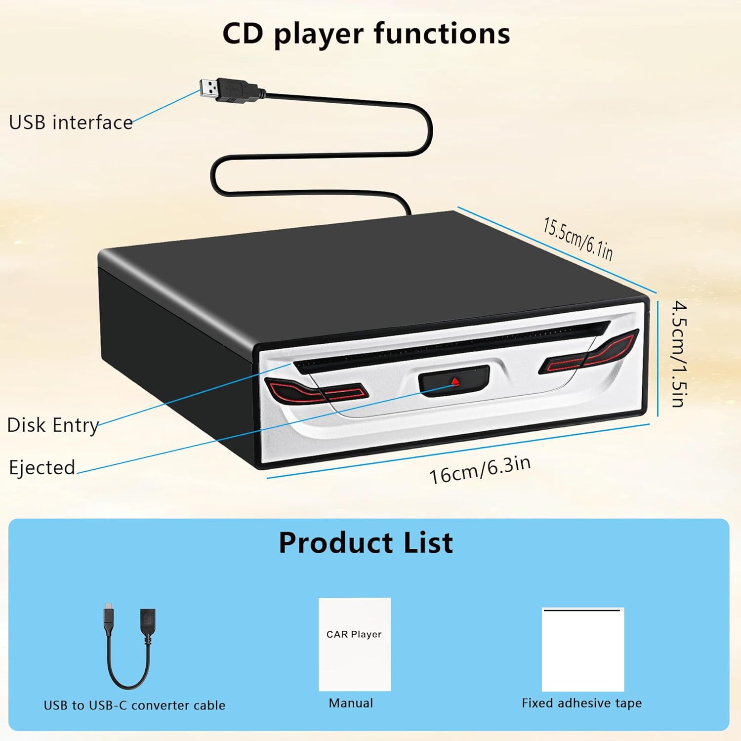 Lecteur de CD externe portatif pour l'auto, Lecteur de CD USB universel prêt à l'emploi, Lecteur DVD pour l'auto compatible avec Android