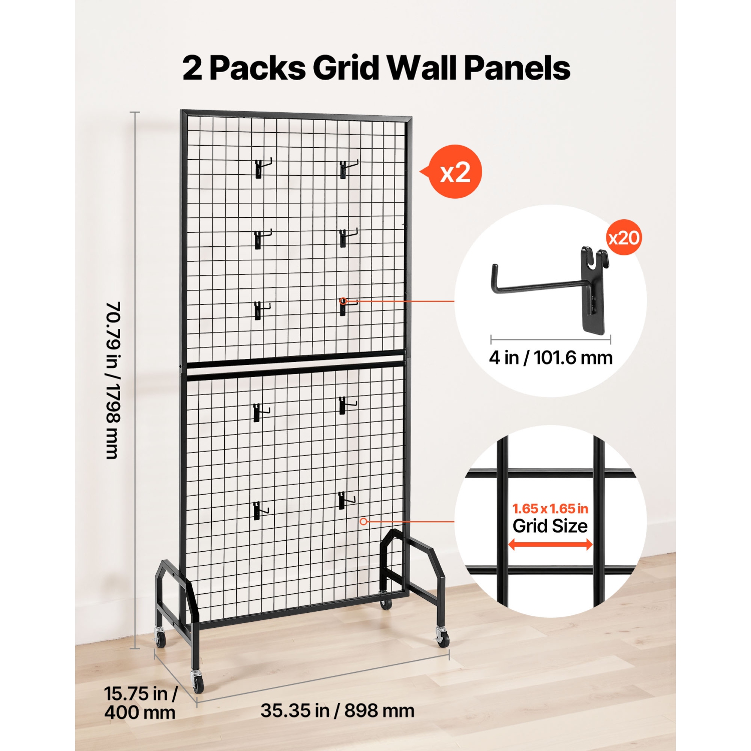 VEVOR 2 Packs Grid Wall Panels, 2.9 x 5.9 ft Wire Grid Panels Display Rack, Movable Art Display Shelf with Wheels and 10 Hooks, Black Carbon Steel