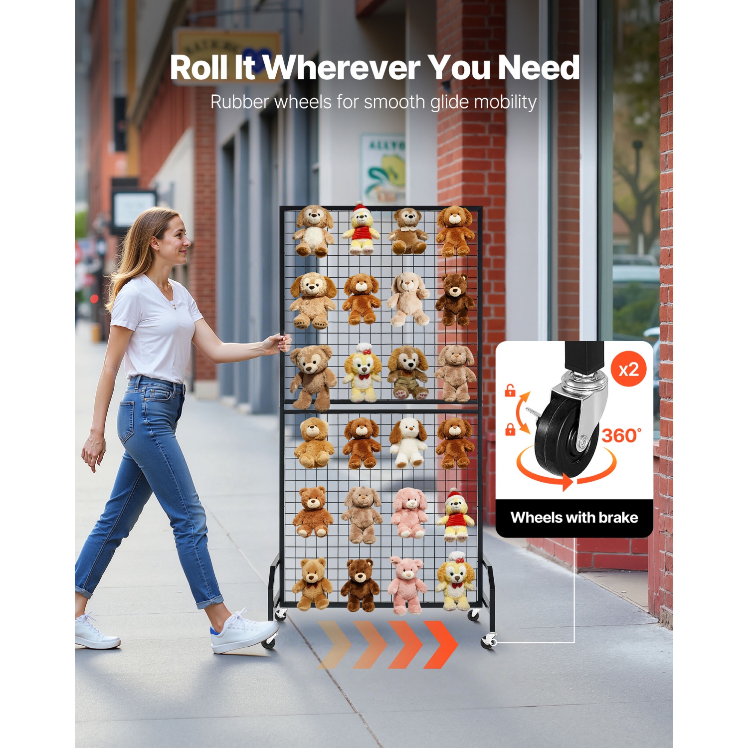 VEVOR 2 Packs Grid Wall Panels, 2.9 x 5.9 ft Wire Grid Panels Display Rack, Movable Art Display Shelf with Wheels and 10 Hooks, Black Carbon Steel