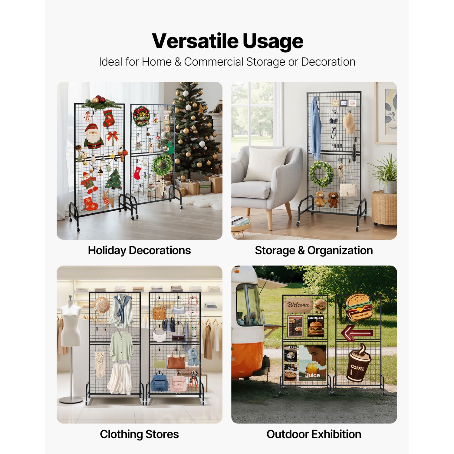 VEVOR 2 Packs Grid Wall Panels, 2.9 x 5.9 ft Wire Grid Panels Display Rack, Movable Art Display Shelf with Wheels and 10 Hooks, Black Carbon Steel