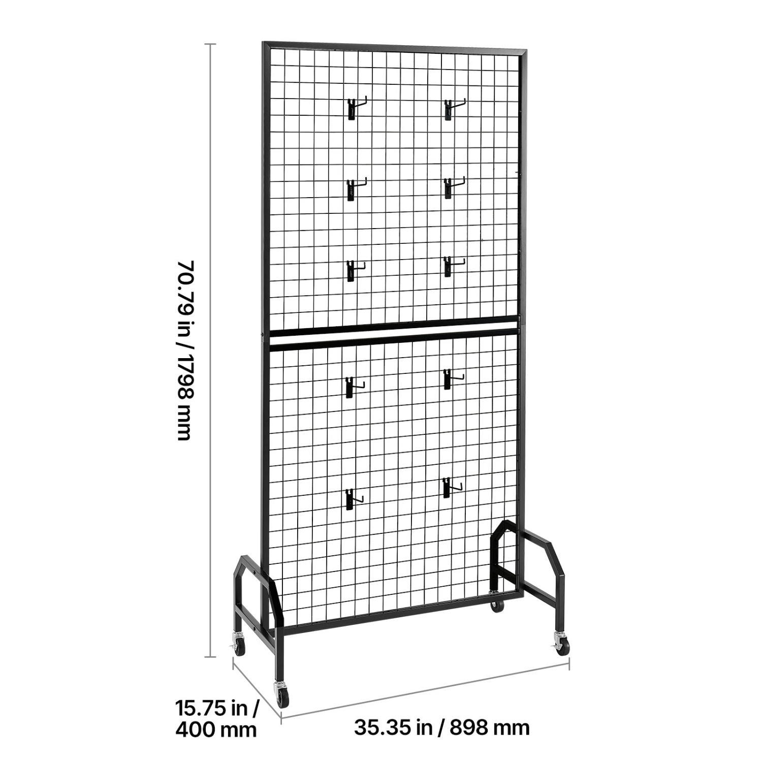 VEVOR 2 Packs Grid Wall Panels, 2.9 x 5.9 ft Wire Grid Panels Display Rack, Movable Art Display Shelf with Wheels and 10 Hooks, Black Carbon Steel