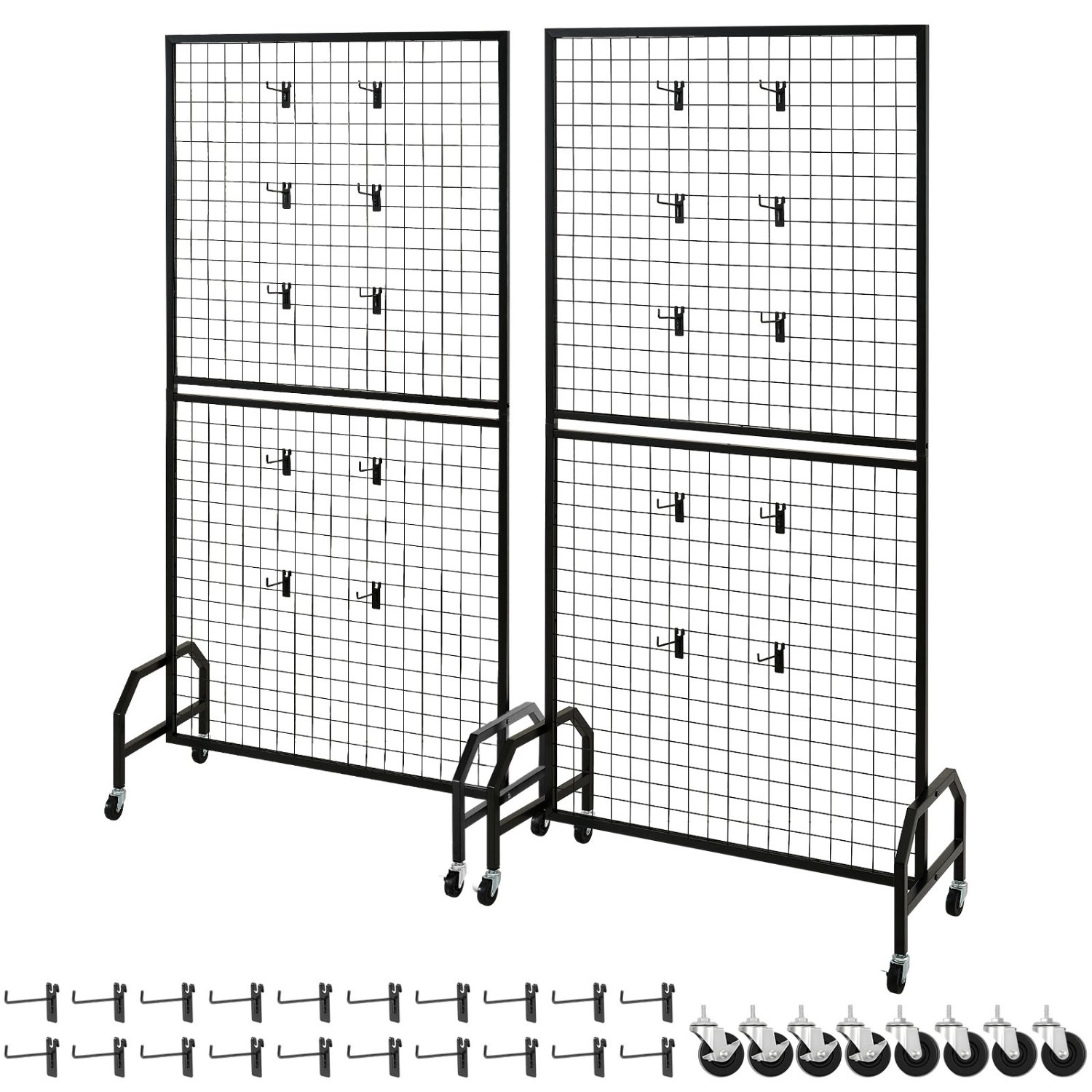 VEVOR 2 Packs Grid Wall Panels, 2.9 x 5.9 ft Wire Grid Panels Display Rack, Movable Art Display Shelf with Wheels and 10 Hooks, Black Carbon Steel