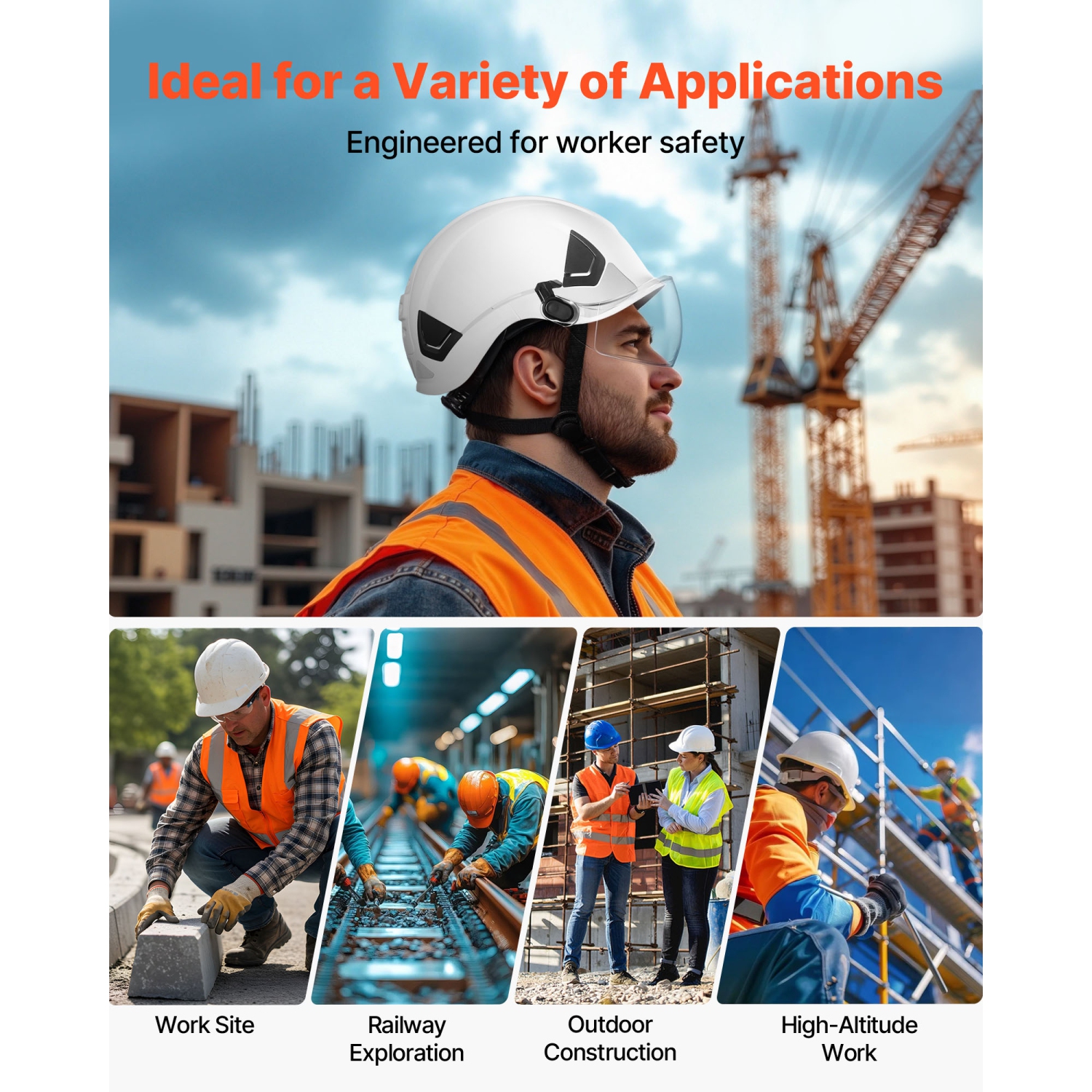 VEVOR Industrial Safety Helmet, ANSI/ISEA Z89.1 Approved ABS Hard Hat with Visor & 6-Point Ratchet Suspension, Adjustable Vented Hardhat for Men &