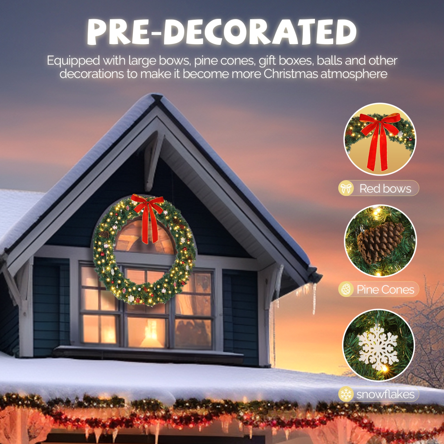 Karl Home 48in Christmas Wreath Green Bow Garland PVC Garden Decoration