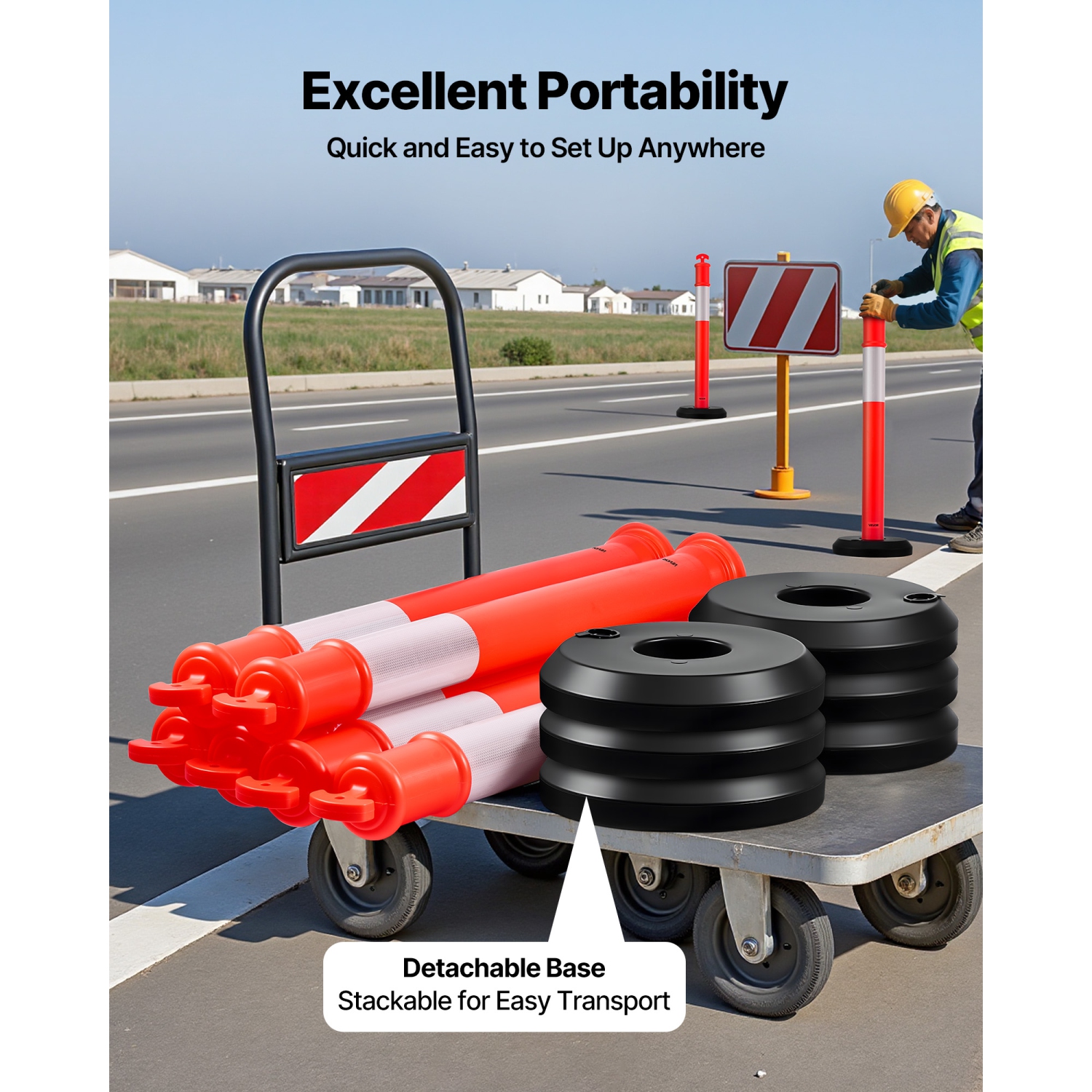 VEVOR 9 Pack Traffic Delineator Posts, 48 inches Traffic Safety Cones with Fillable Base and Reflective Strips, Heavy Duty Delineator Posts for