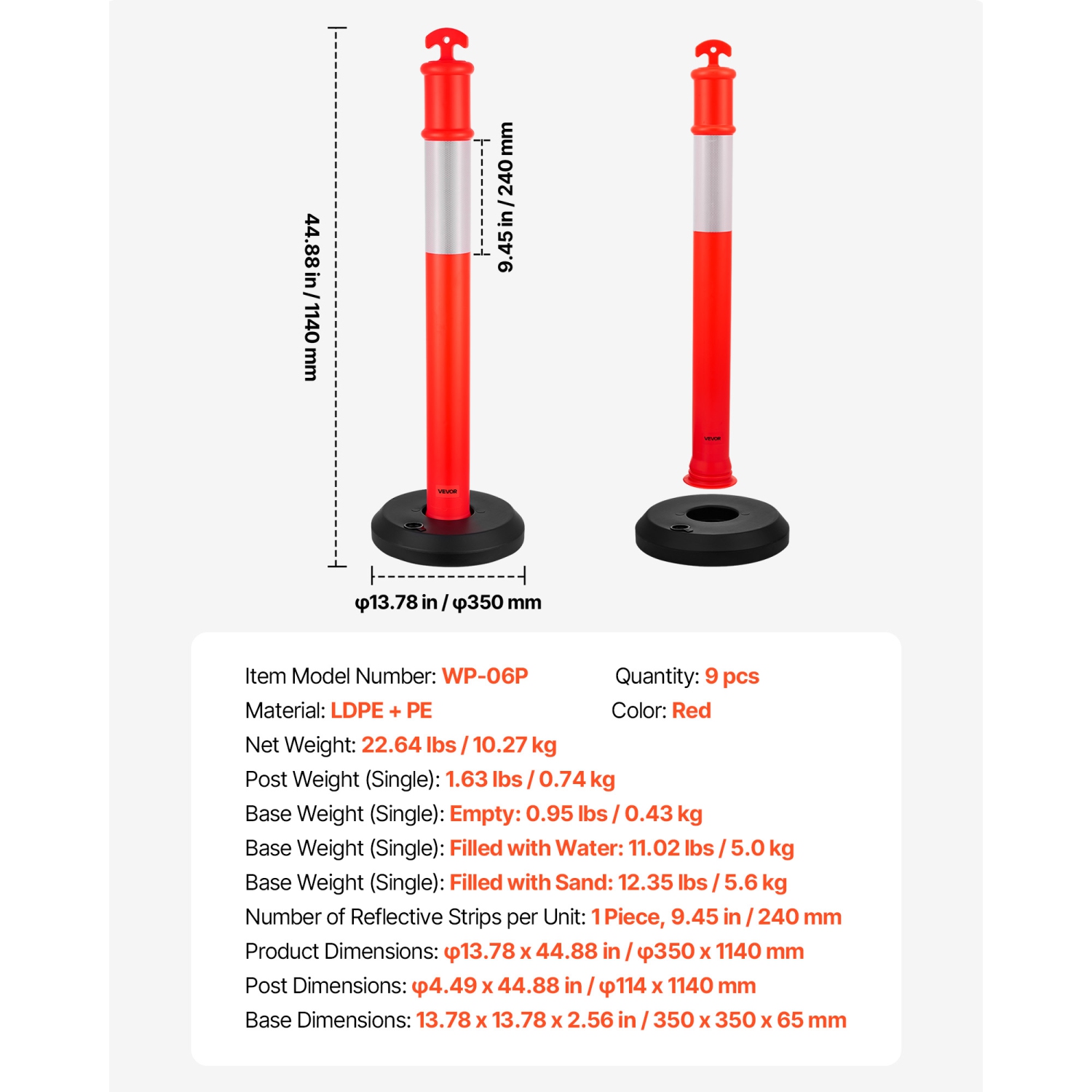 VEVOR 9 Pack Traffic Delineator Posts, 48 inches Traffic Safety Cones with Fillable Base and Reflective Strips, Heavy Duty Delineator Posts for