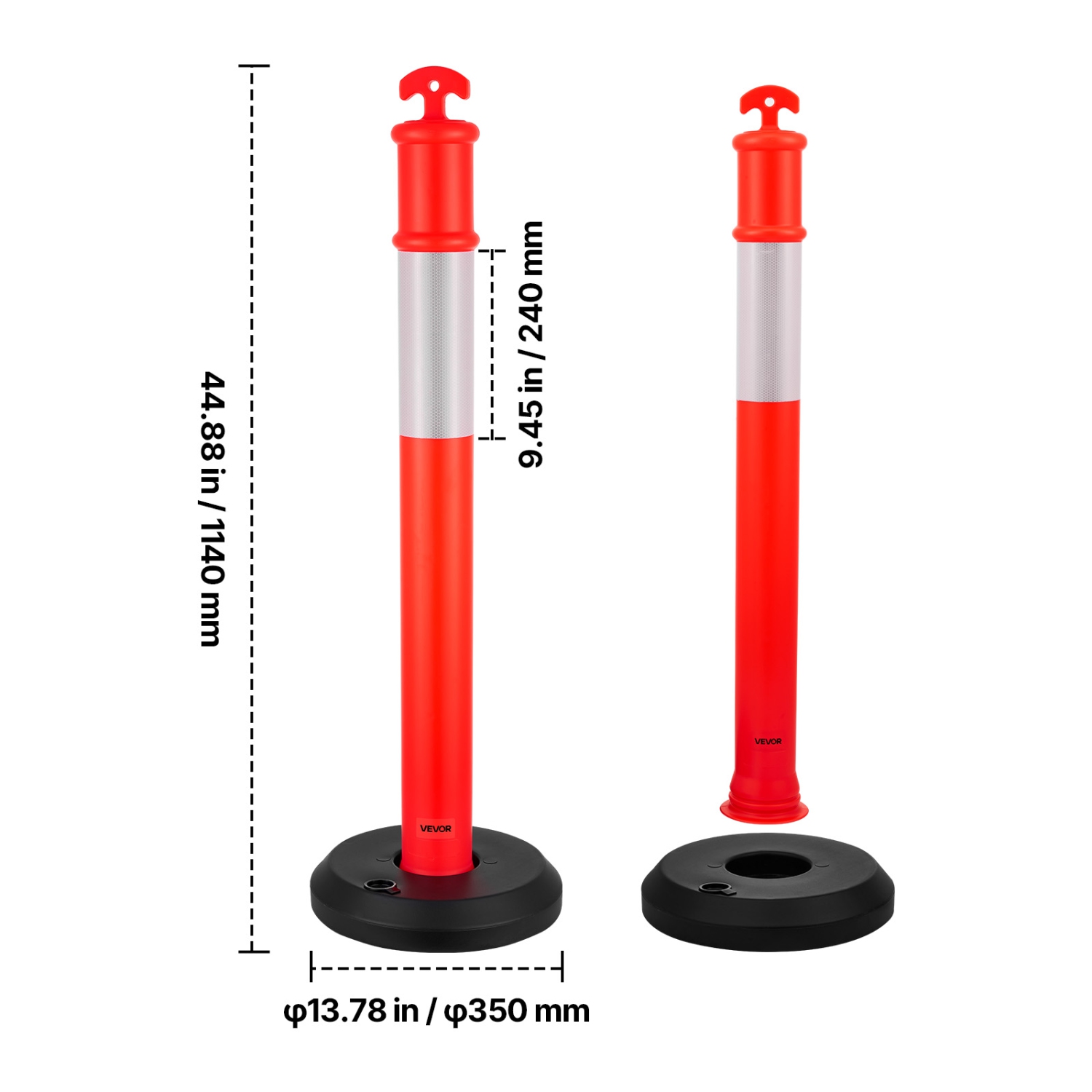 VEVOR 9 Pack Traffic Delineator Posts, 48 inches Traffic Safety Cones with Fillable Base and Reflective Strips, Heavy Duty Delineator Posts for