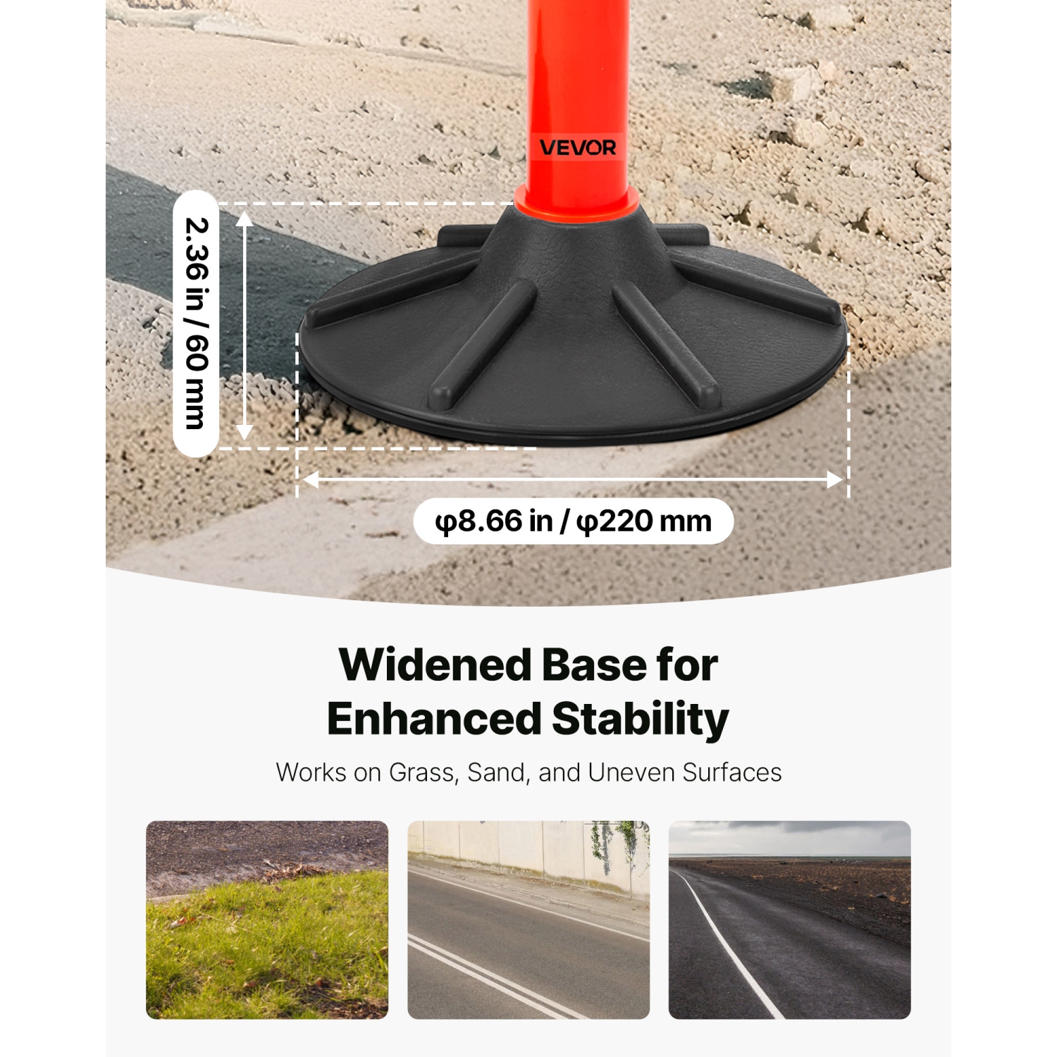 VEVOR 3 Pack Traffic Delineator Posts, 34 in Traffic Safety Cones with Weighted Base, Reflective Strips and Chain, Heavy Duty Delineator Posts for