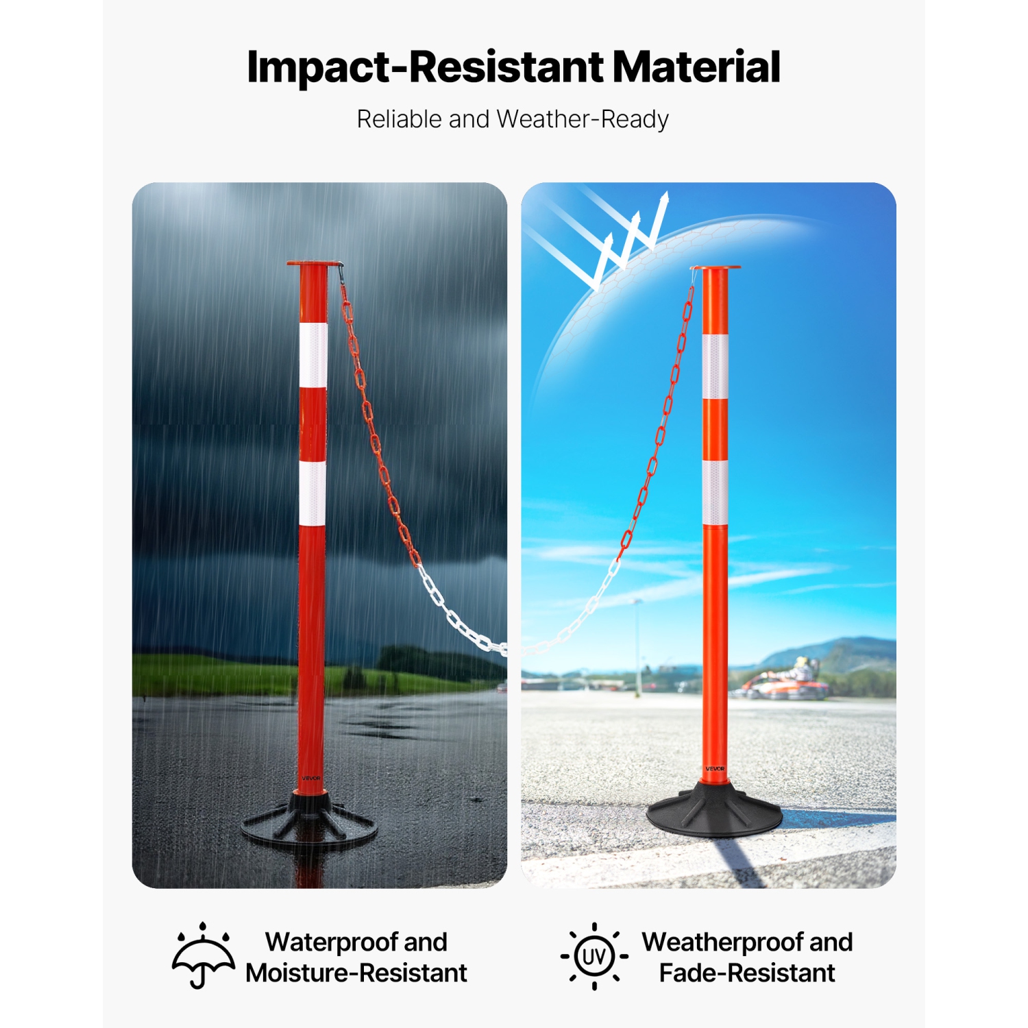 VEVOR 3 Pack Traffic Delineator Posts, 34 in Traffic Safety Cones with Weighted Base, Reflective Strips and Chain, Heavy Duty Delineator Posts for