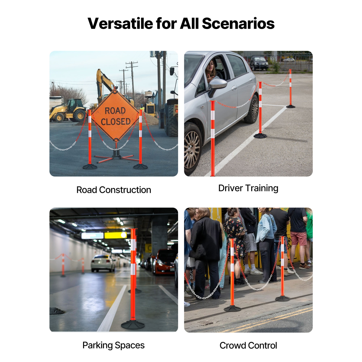 VEVOR 3 Pack Traffic Delineator Posts, 34 in Traffic Safety Cones with Weighted Base, Reflective Strips and Chain, Heavy Duty Delineator Posts for