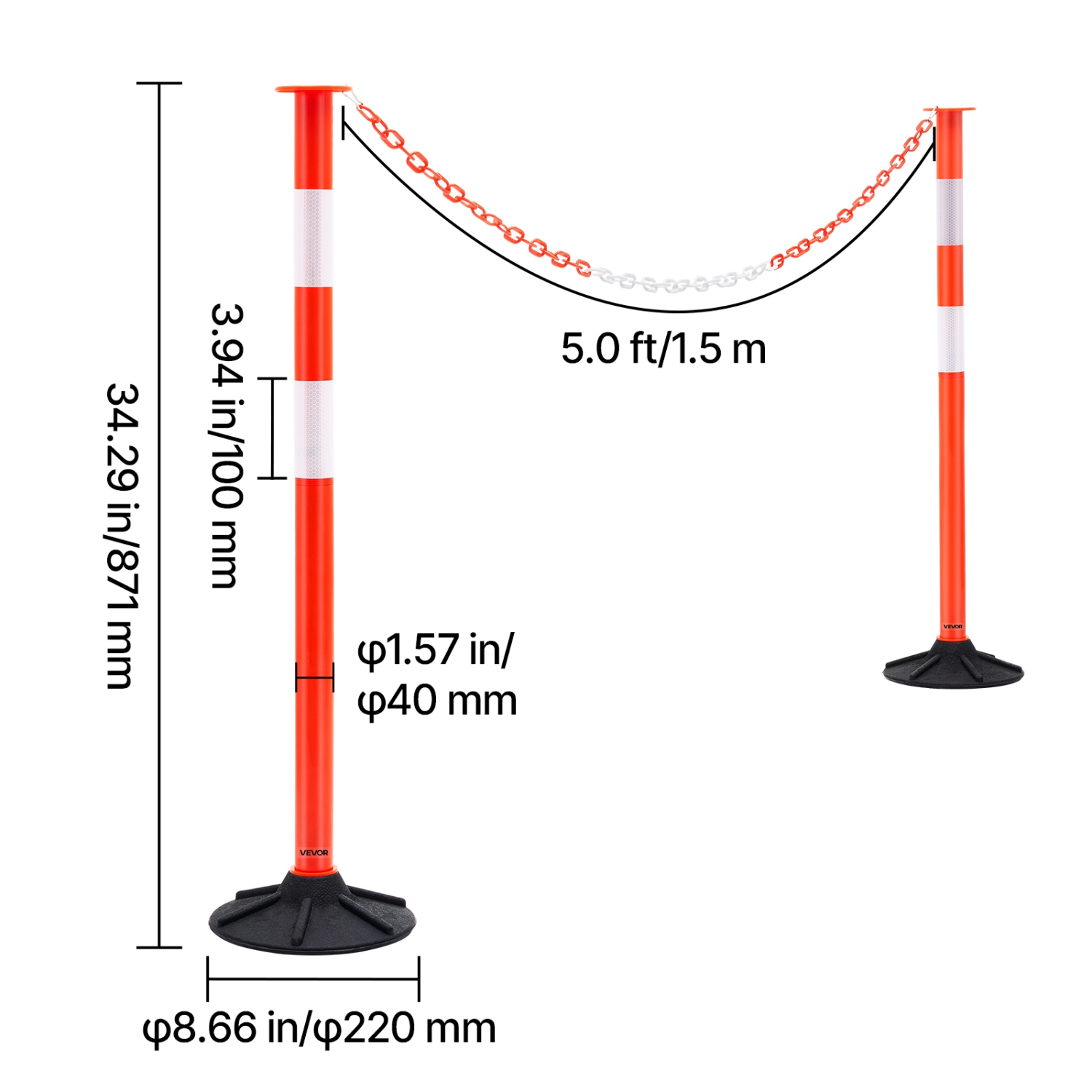 VEVOR 3 Pack Traffic Delineator Posts, 34 in Traffic Safety Cones with Weighted Base, Reflective Strips and Chain, Heavy Duty Delineator Posts for