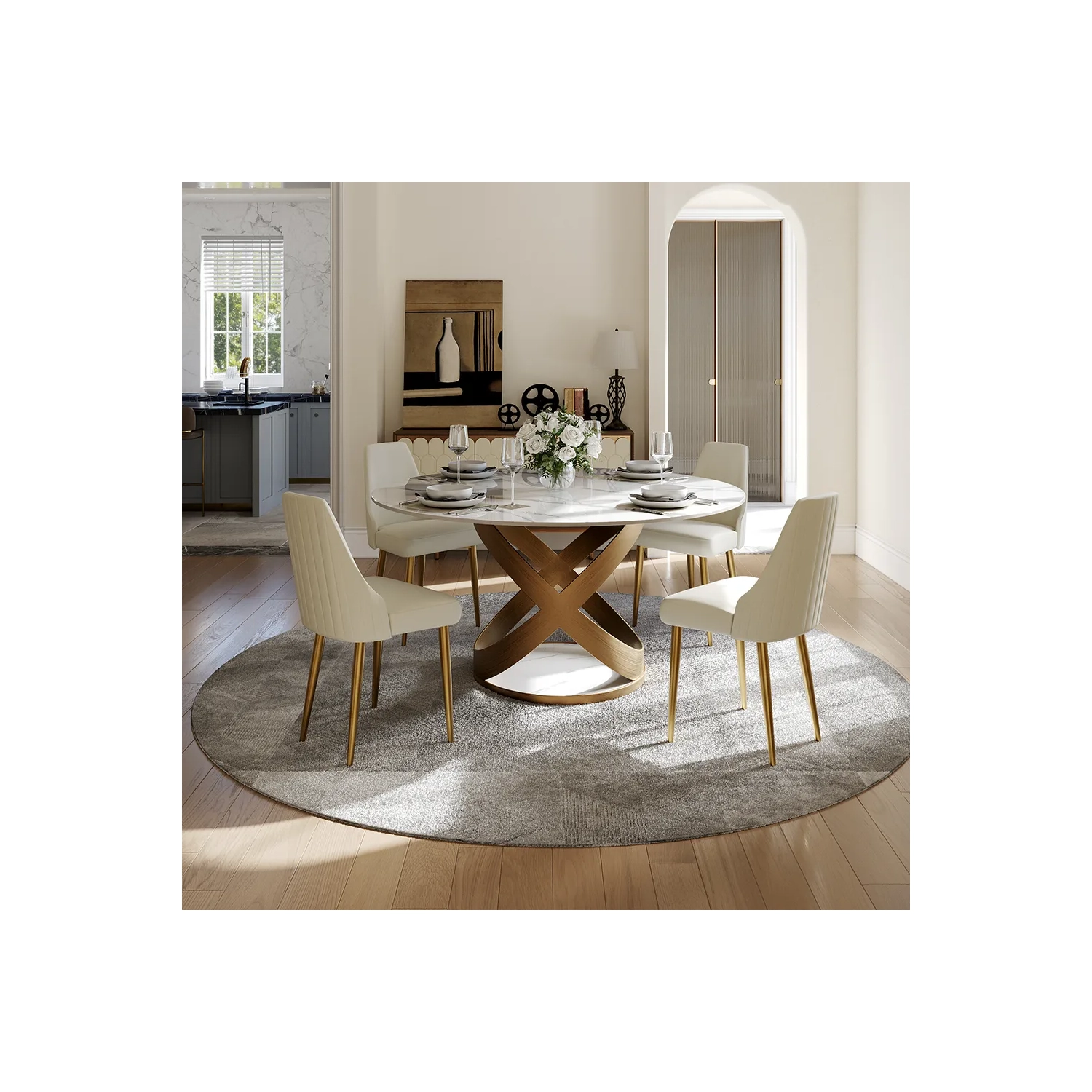 POVISON Maxwell – Table à manger ronde en pierre entrelacée lustrée