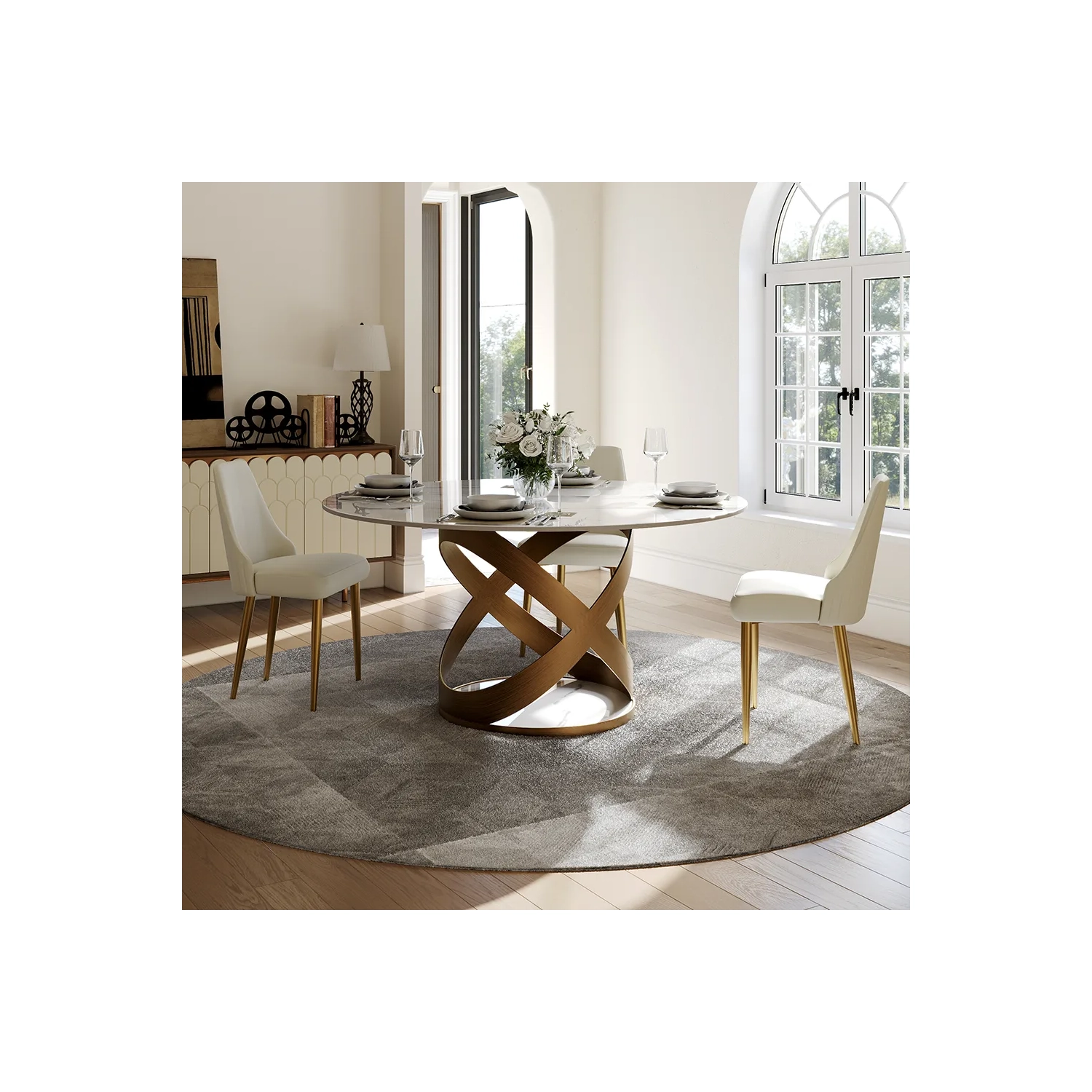 POVISON Maxwell – Table à manger ronde en pierre entrelacée lustrée