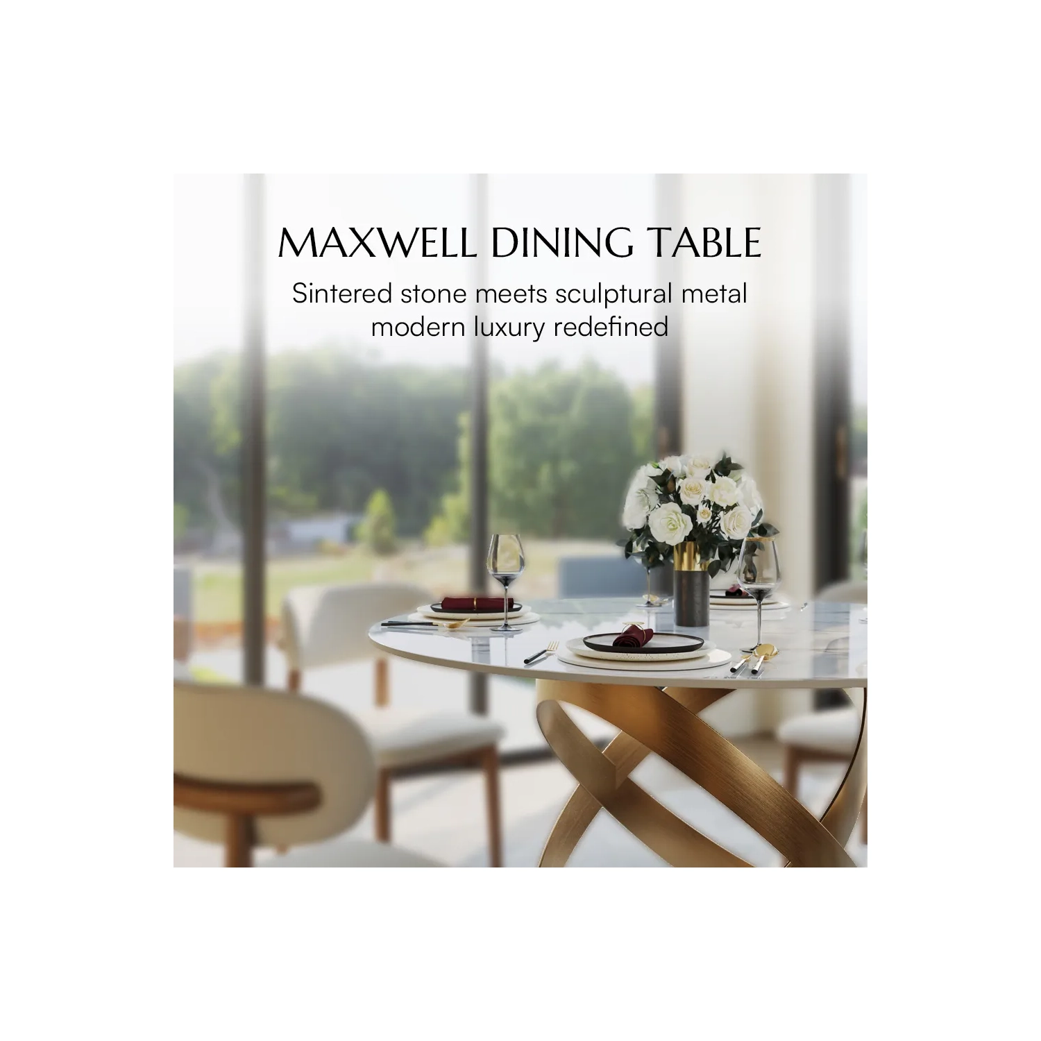 POVISON Maxwell – Table à manger ronde en pierre entrelacée lustrée