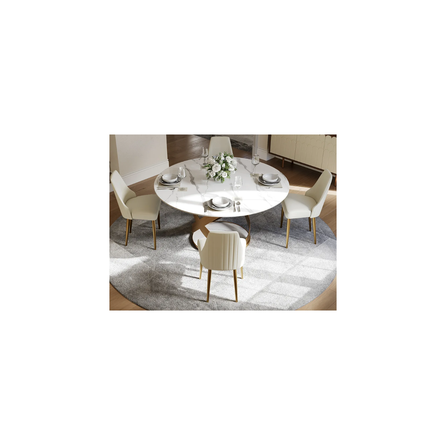 POVISON Maxwell – Table à manger ronde en pierre entrelacée lustrée