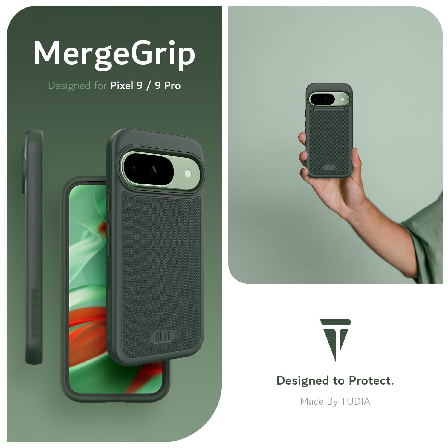 Étui MergeGrip de TUDIA pour Pixel 9 de Google et étui pour Pixel 9 Pro de Google de qualité militaire - Vert pin