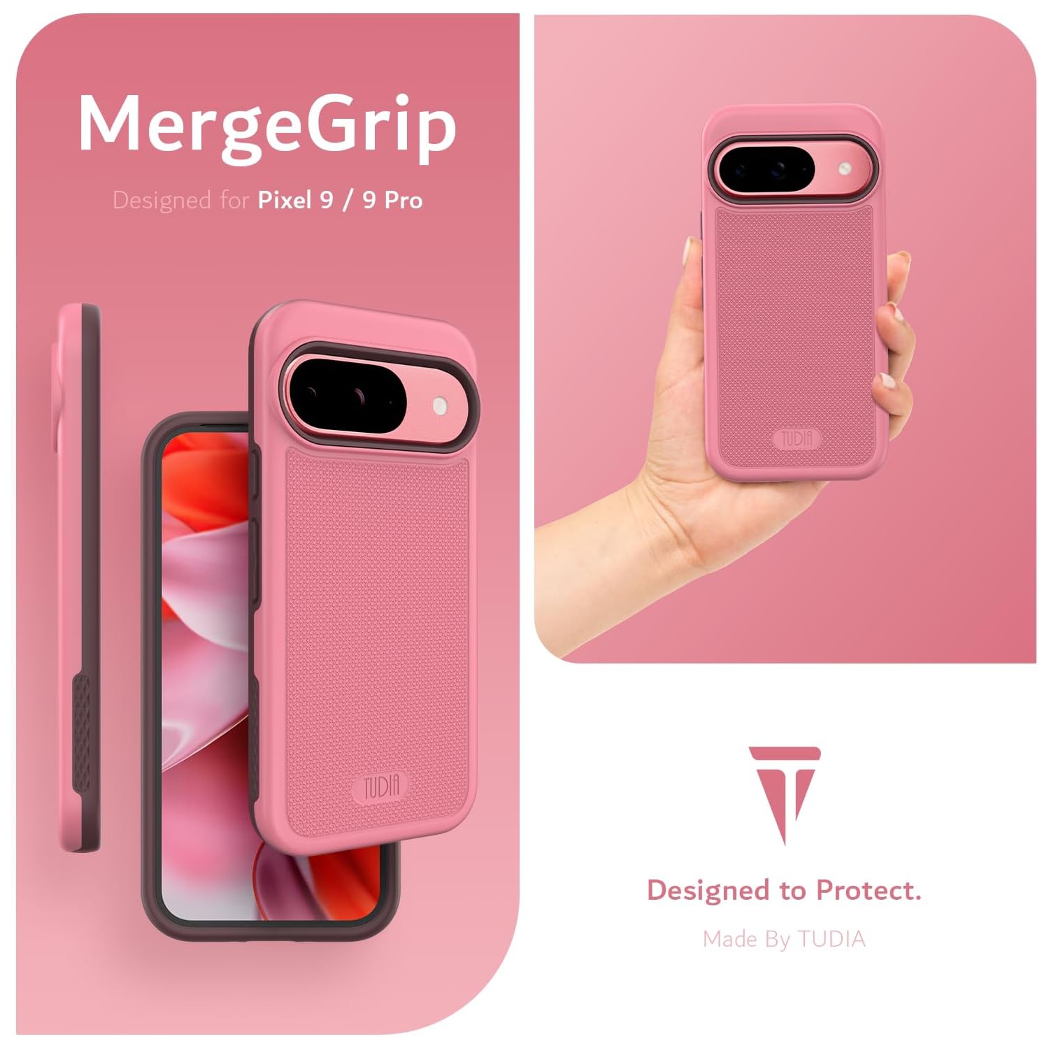 Étui MergeGrip de TUDIA pour Pixel 9 de Google et étui Pixel 9 Pro de Google de qualité militaire - Rose fumé