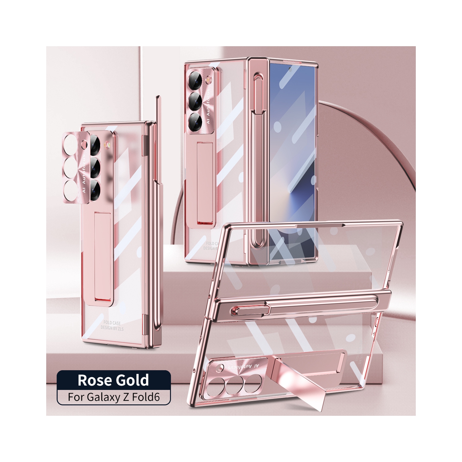 Étui pour téléphone Samsung Zfold 6, étui protecteur pliable à charnière magnétique FOLD6, fente transparente électroplaquée pour stylo - rose.