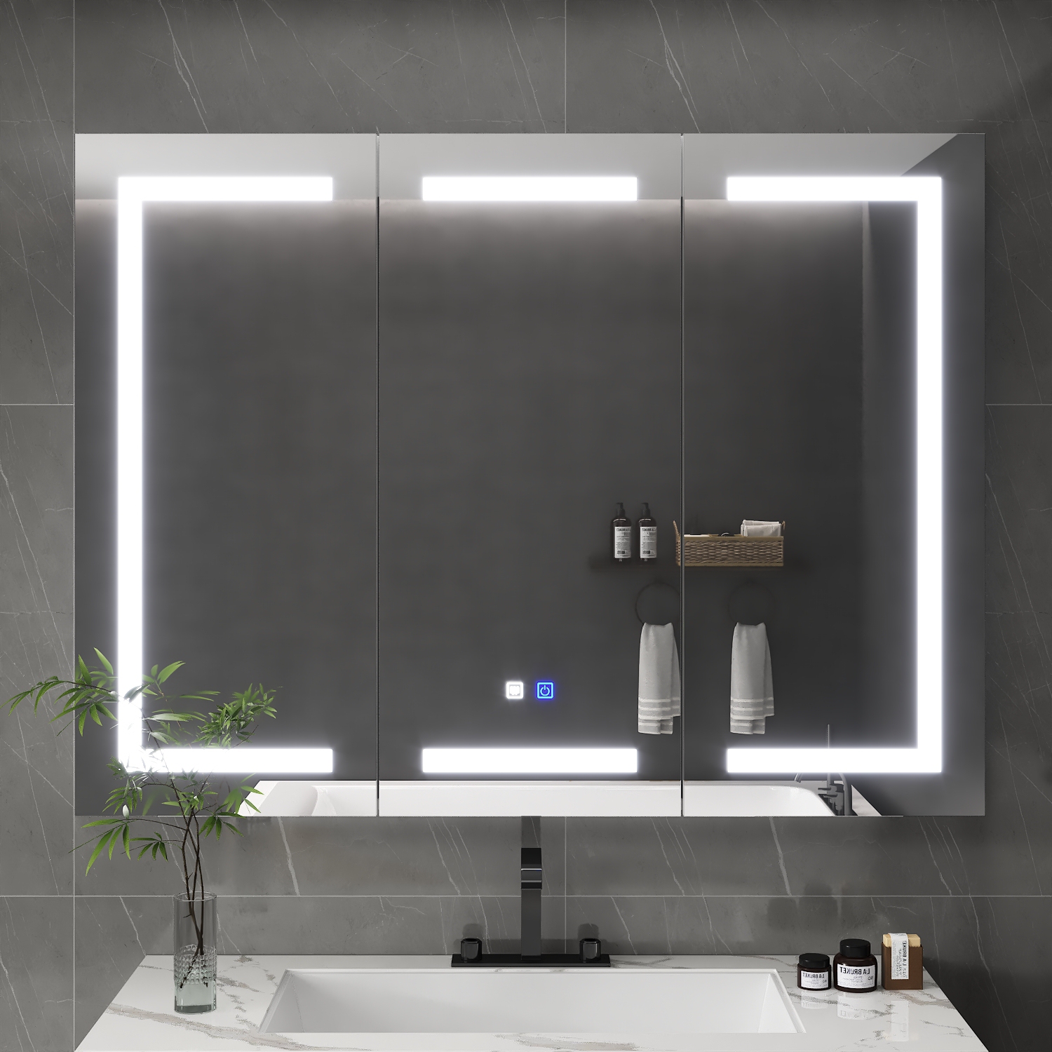 Famapy 47.2" Smart LED Bathroom Mirror Cabinet with 3 Doors, Wall-Mounted Medicine Cabinet with Storage Shelves,,White