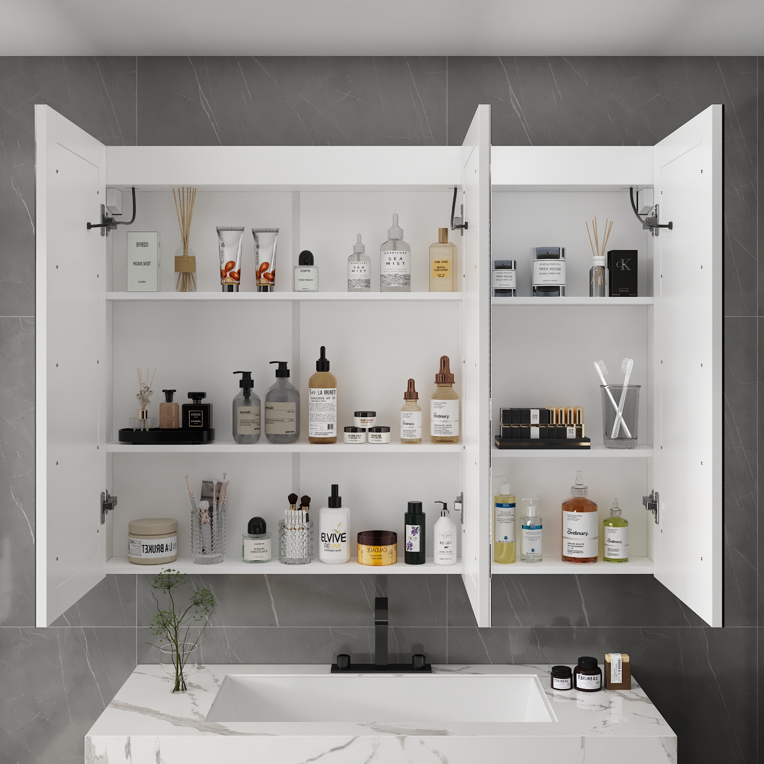 Famapy 47.2" Smart LED Bathroom Mirror Cabinet with 3 Doors, Wall-Mounted Medicine Cabinet with Storage Shelves,,White