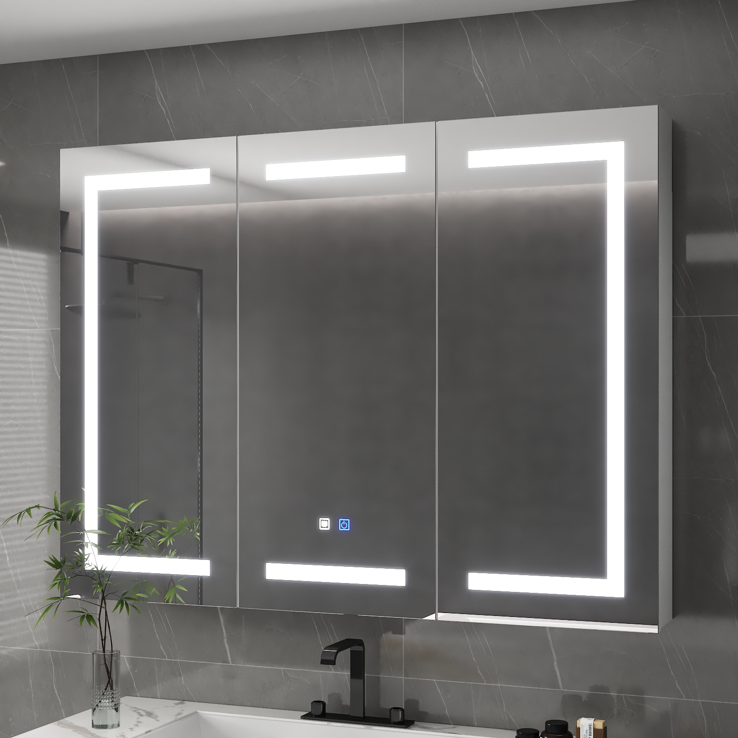 Famapy 47.2" Smart LED Bathroom Mirror Cabinet with 3 Doors, Wall-Mounted Medicine Cabinet with Storage Shelves,,White