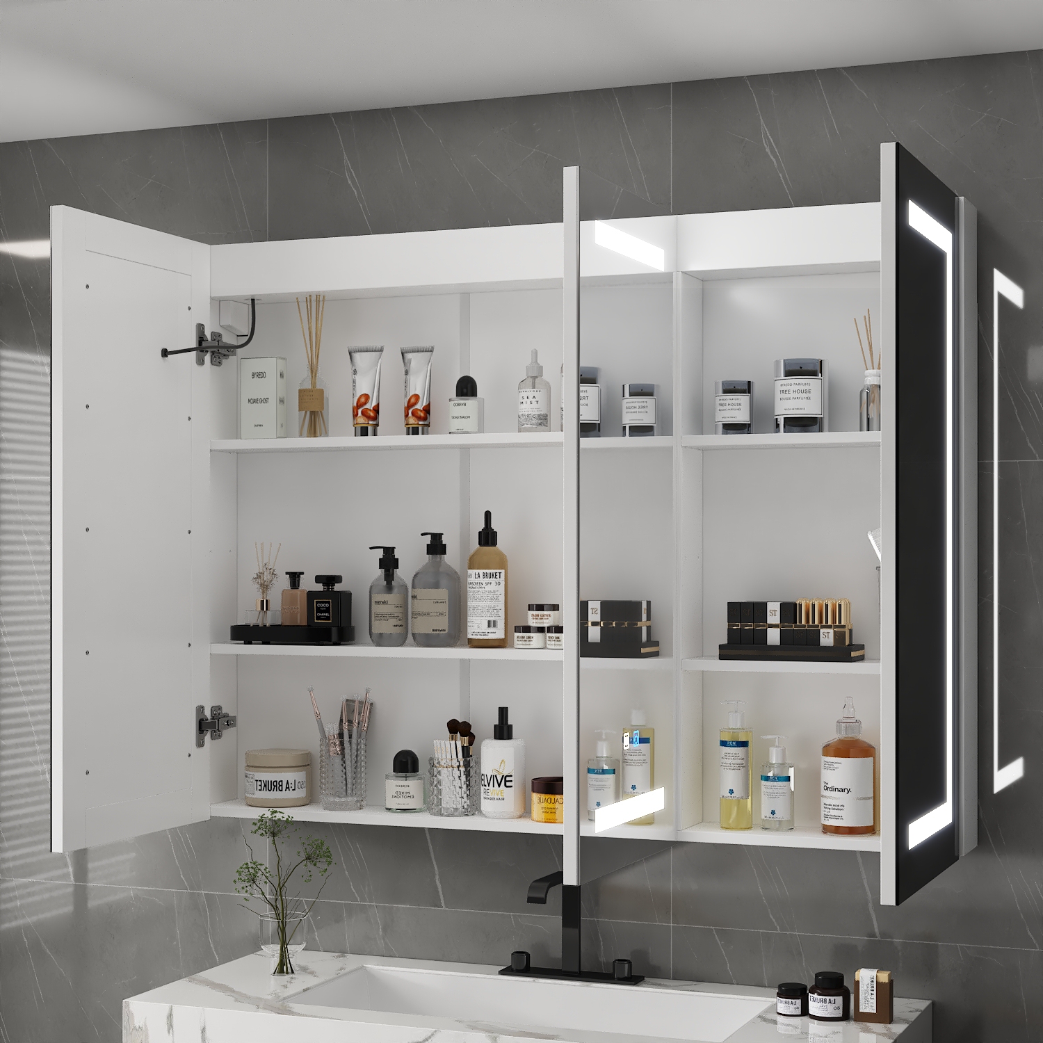 Famapy 47.2" Smart LED Bathroom Mirror Cabinet with 3 Doors, Wall-Mounted Medicine Cabinet with Storage Shelves,,White