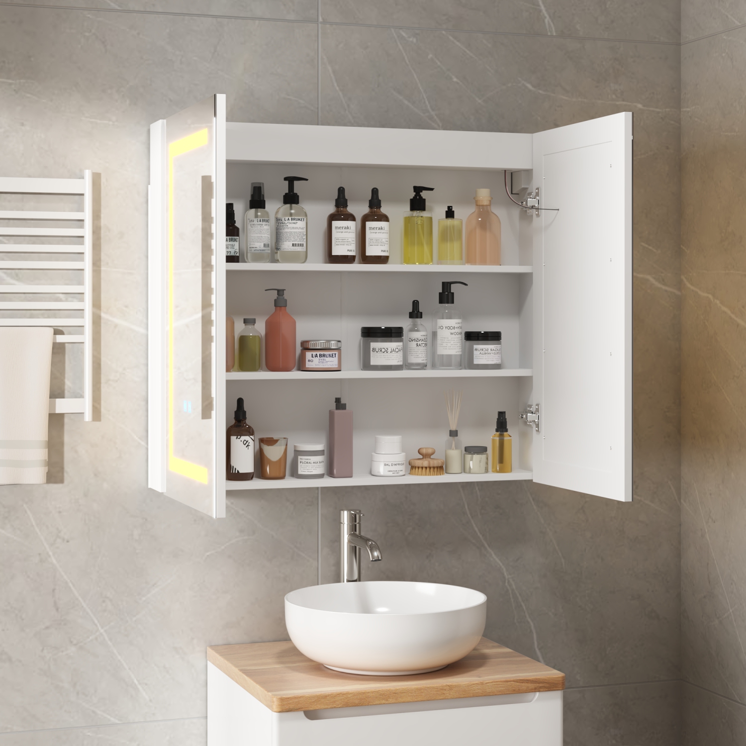 Famapy – Armoire miroir de salle de bain intelligente LED 35,4&nbsp;po, 2 portes, armoire à pharmacie murale avec tablettes de rangement, blanc