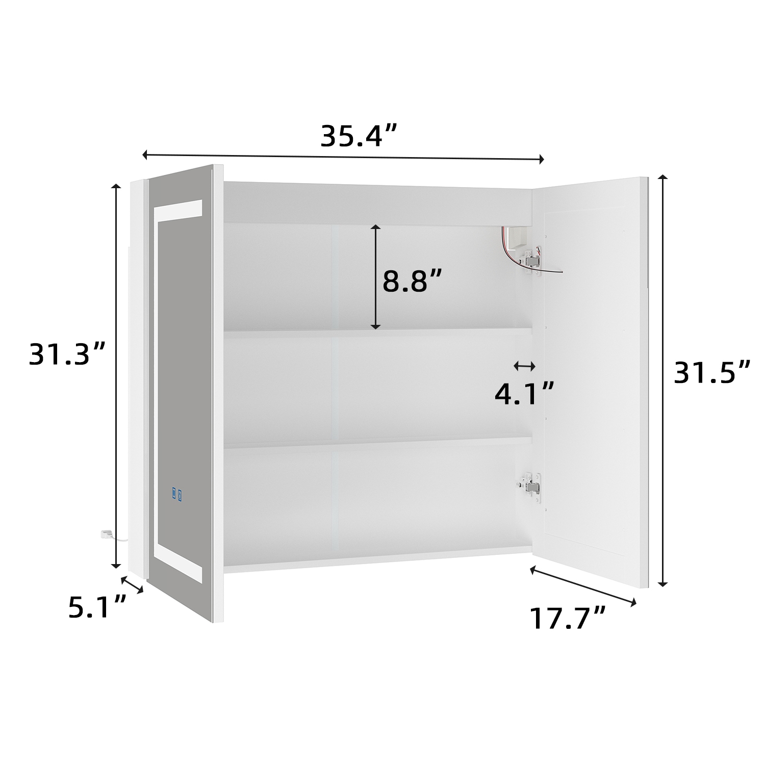 Famapy – Armoire miroir de salle de bain intelligente LED 35,4&nbsp;po, 2 portes, armoire à pharmacie murale avec tablettes de rangement, blanc