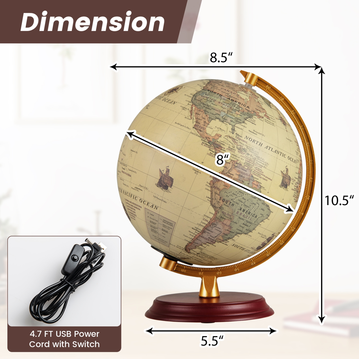 Gymax 8 Inch Illuminated World Globe Night Light up Globe Lamp Wooden Stand & HD Map