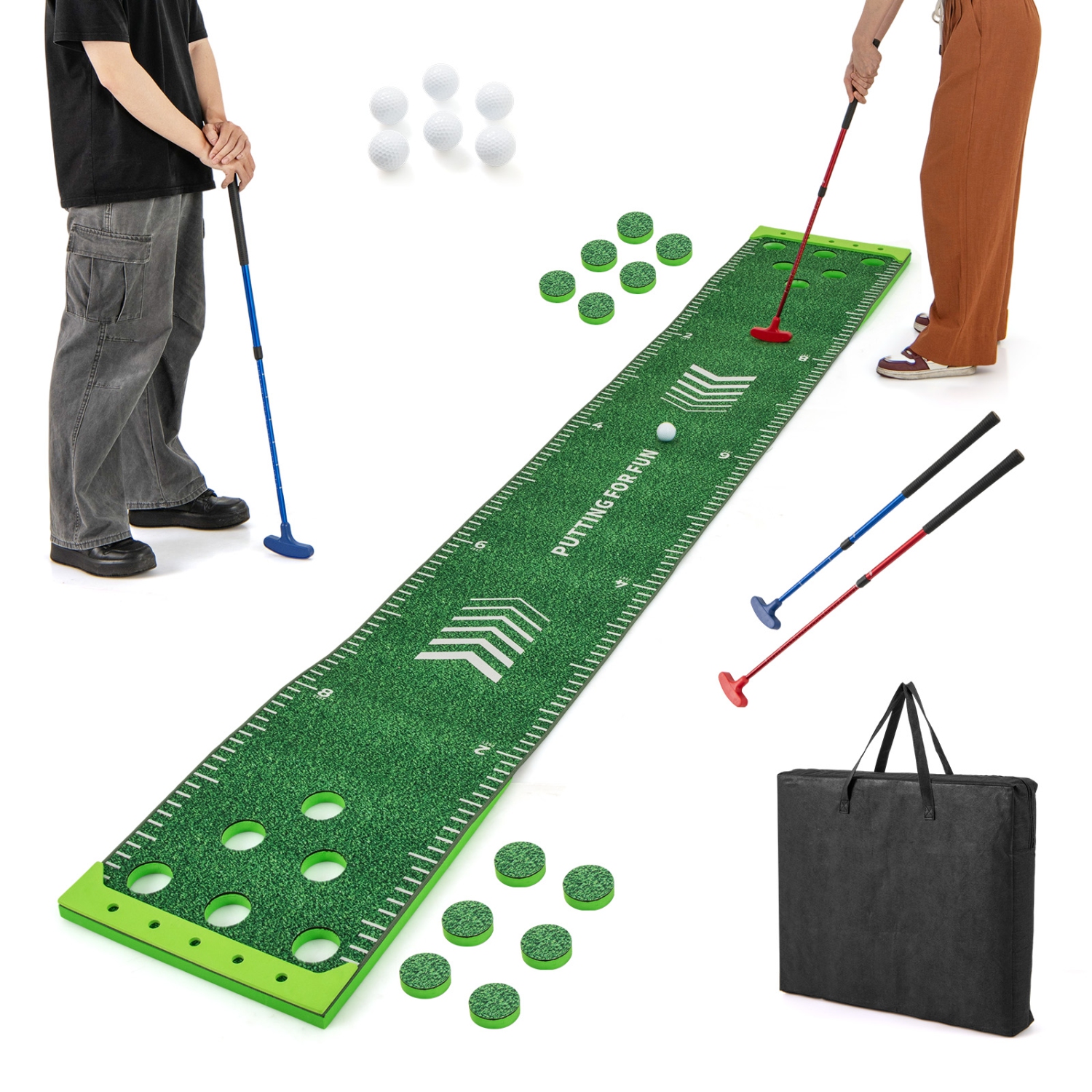 Gymax Golf Game Set 11 FT Putting Green Mat w/ 2 Adjustable Putters 6 Balls