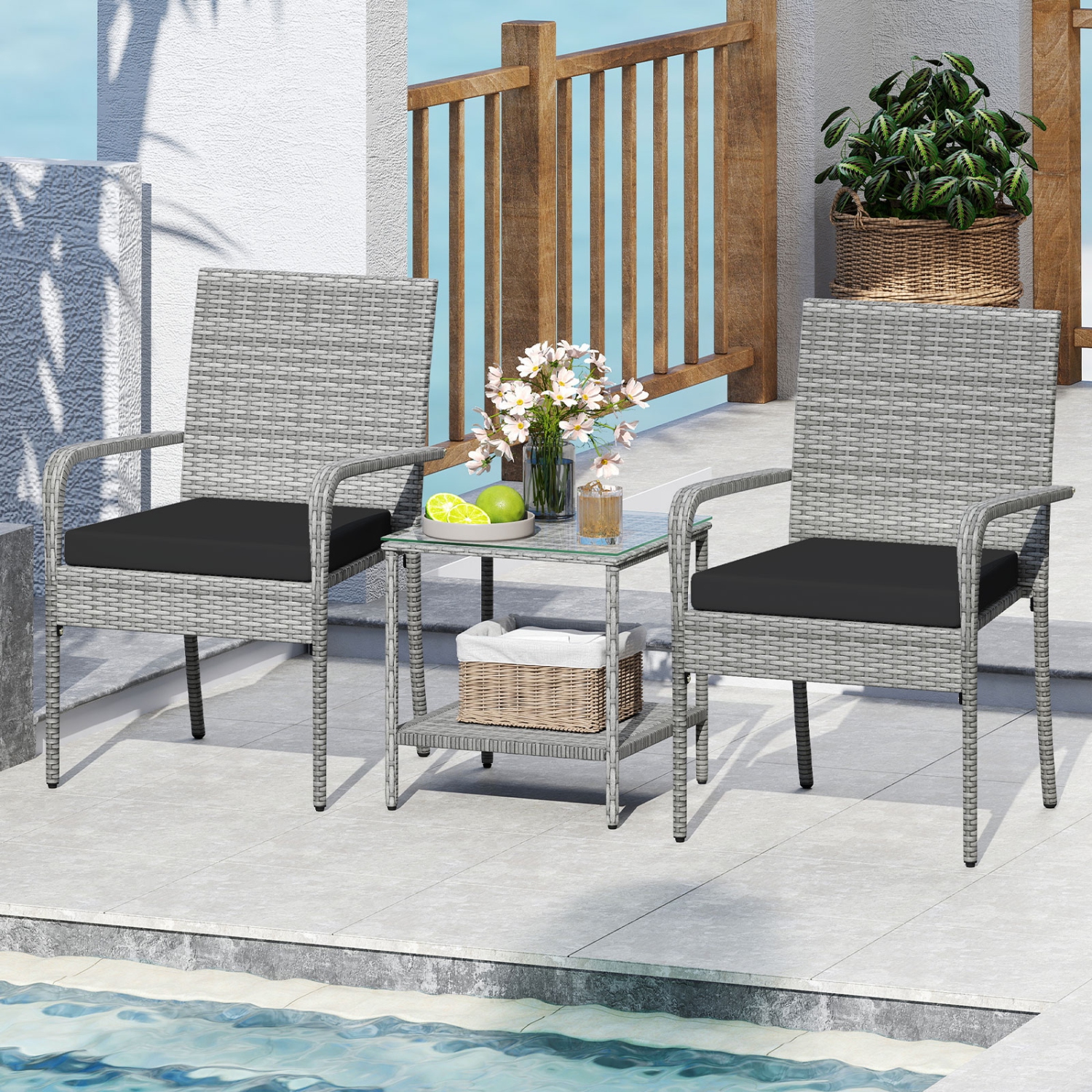 Gymax 3 Pieces Patio Furniture Set PE Rattan Porch Chairs w/ 2-Tier Table
