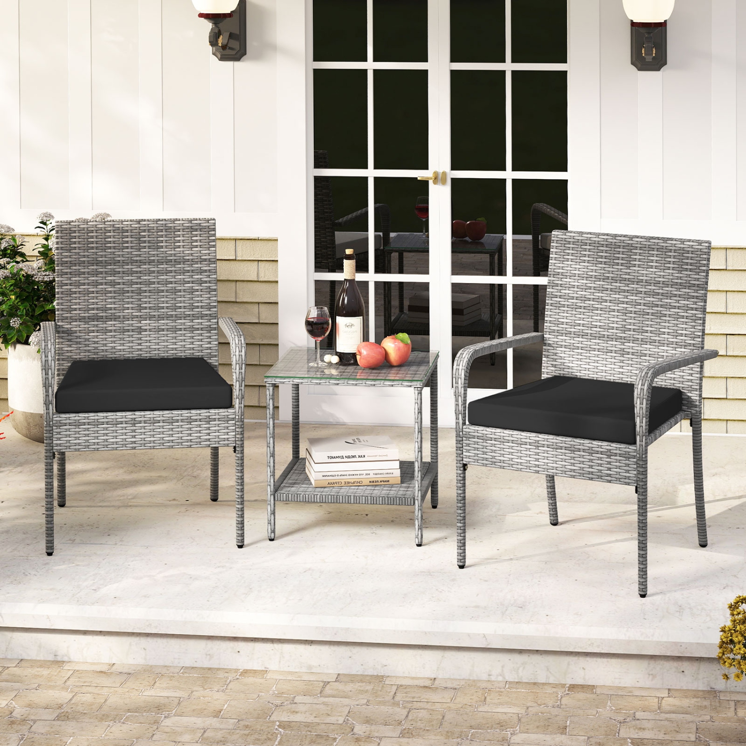 Gymax 3 Pieces Patio Furniture Set PE Rattan Porch Chairs w/ 2-Tier Table