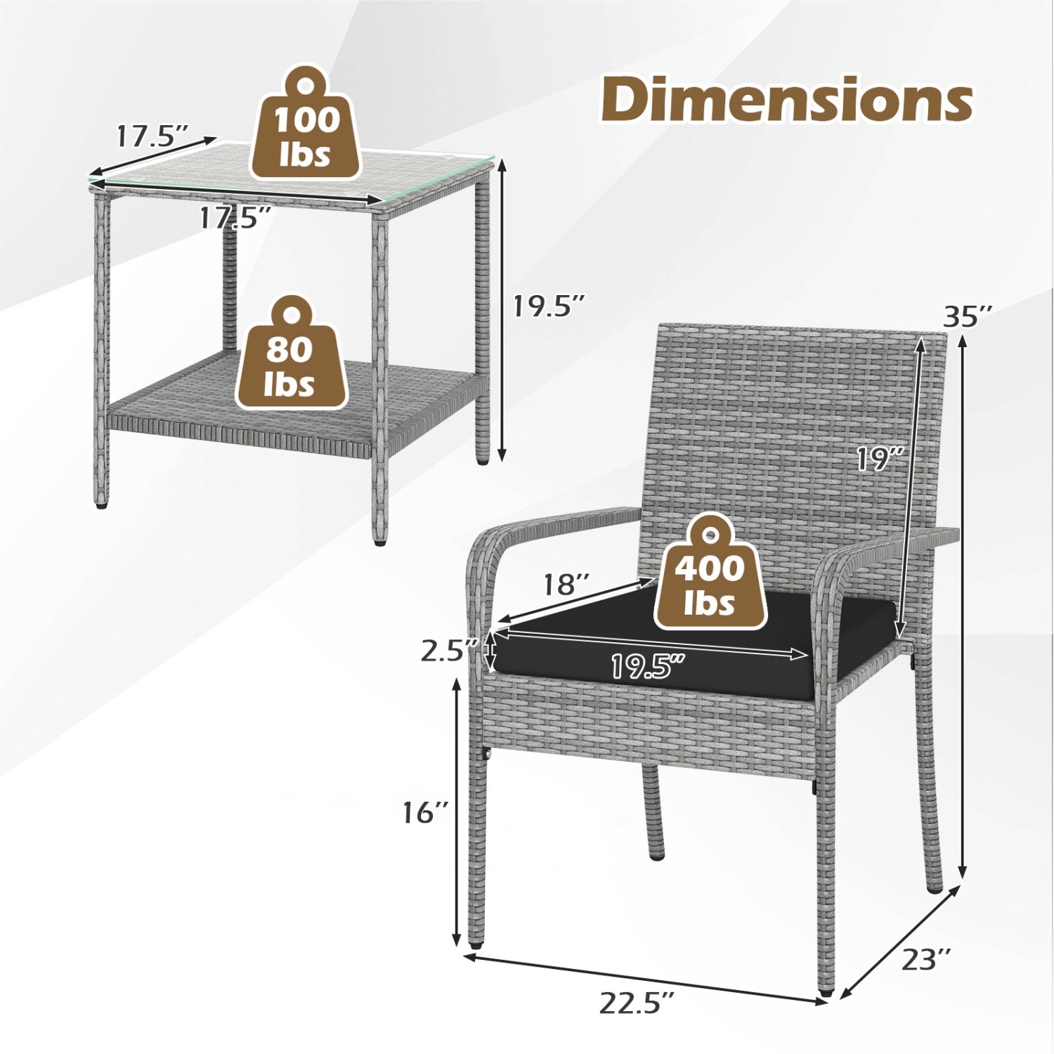 Gymax 3 Pieces Patio Furniture Set PE Rattan Porch Chairs w/ 2-Tier Table