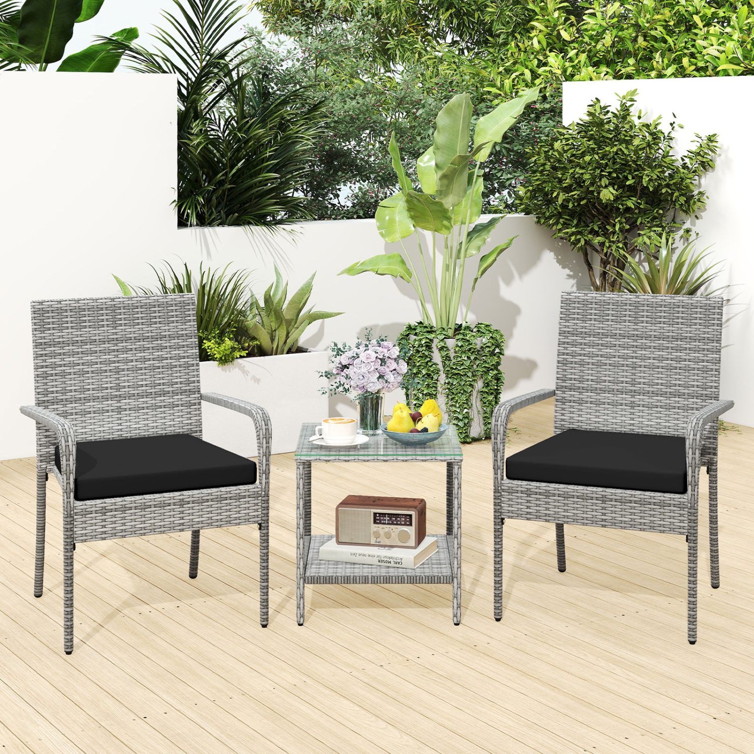 Gymax 3 Pieces Patio Furniture Set PE Rattan Porch Chairs w/ 2-Tier Table