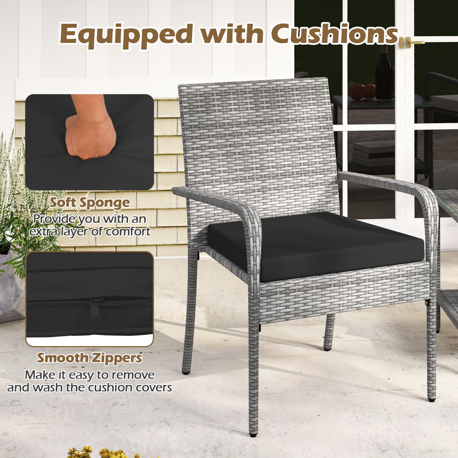 Gymax 3 Pieces Patio Furniture Set PE Rattan Porch Chairs w/ 2-Tier Table