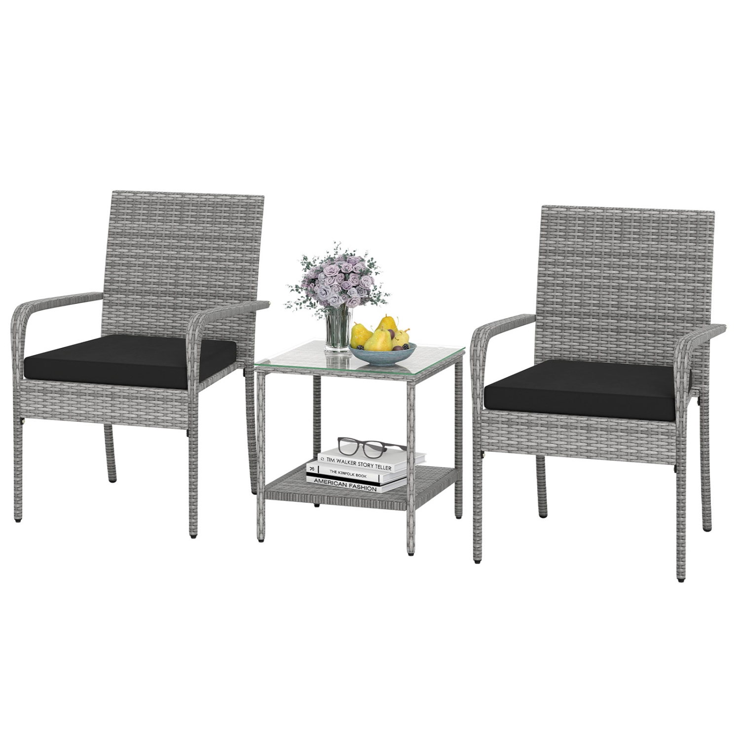 Gymax 3 Pieces Patio Furniture Set PE Rattan Porch Chairs w/ 2-Tier Table