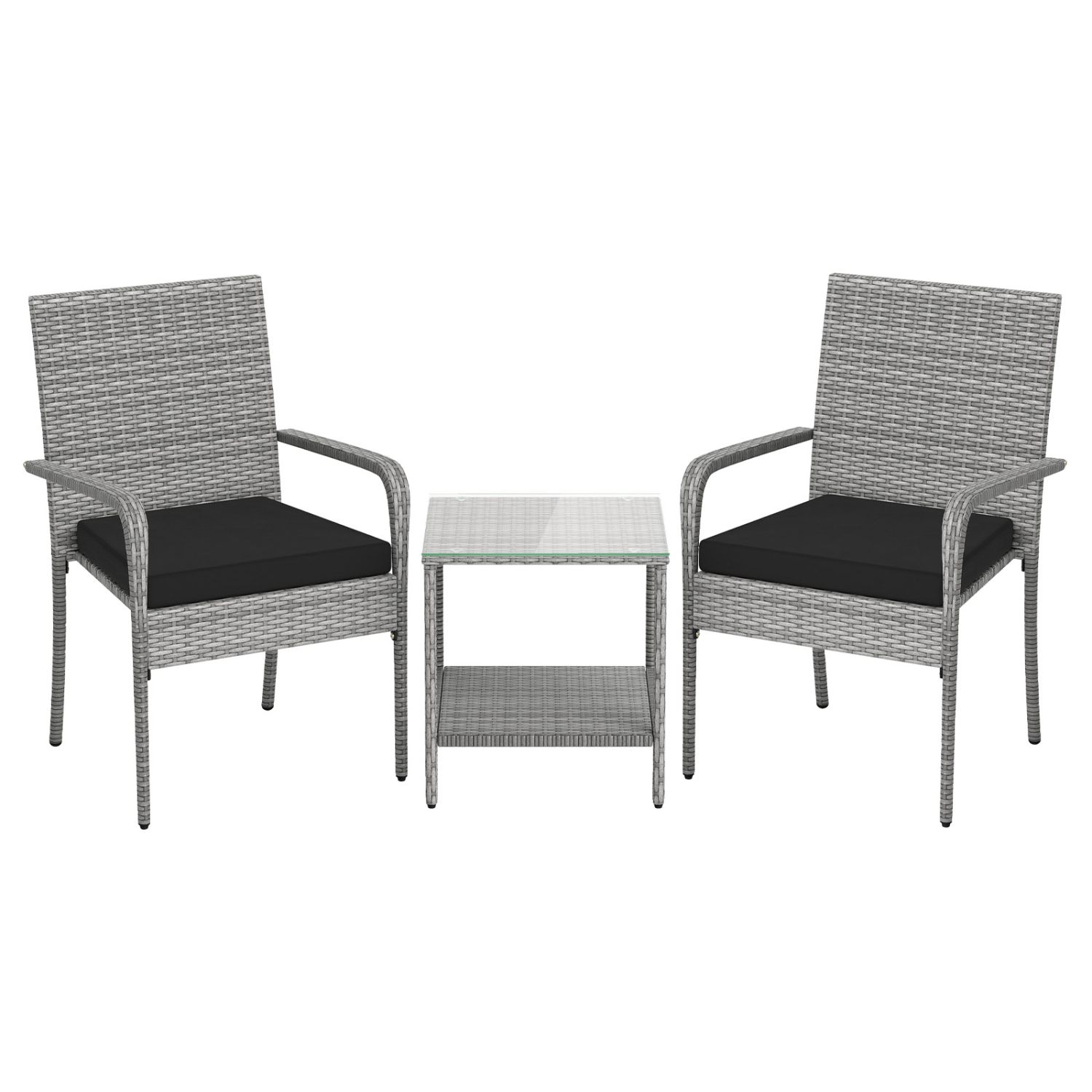 Gymax 3 Pieces Patio Furniture Set PE Rattan Porch Chairs w/ 2-Tier Table