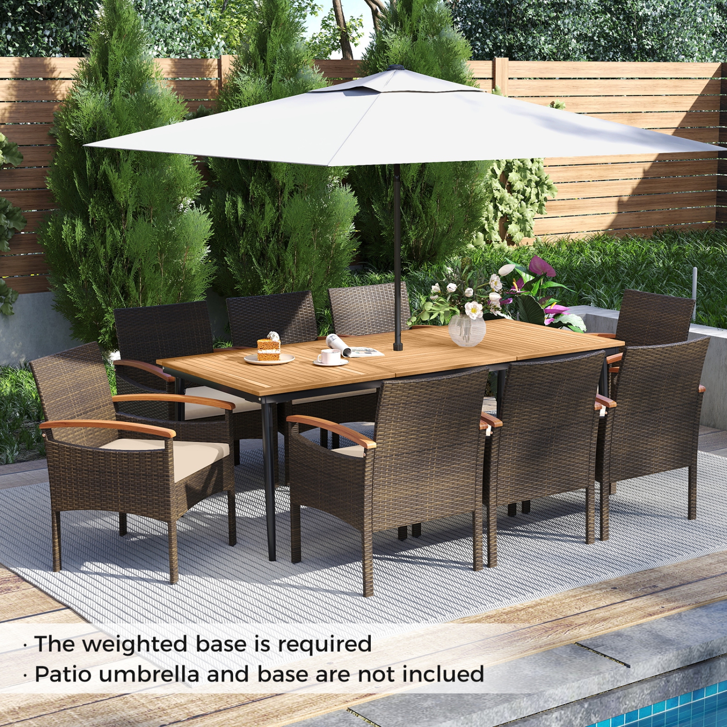 Gymax 9PCS Patio PE Wicker Dining Set w/ Cushions & 1.9'' Umbrella Hole for Deck