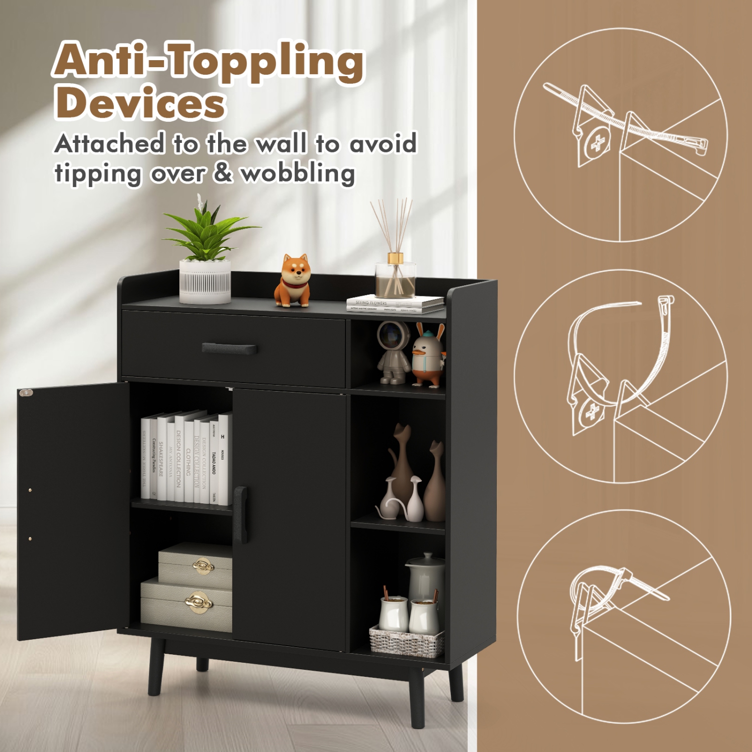 Gymax Floor Storage Cabinet Free Standing Cupboard Chest w/1 Drawer 2 Doors 3 Shelves